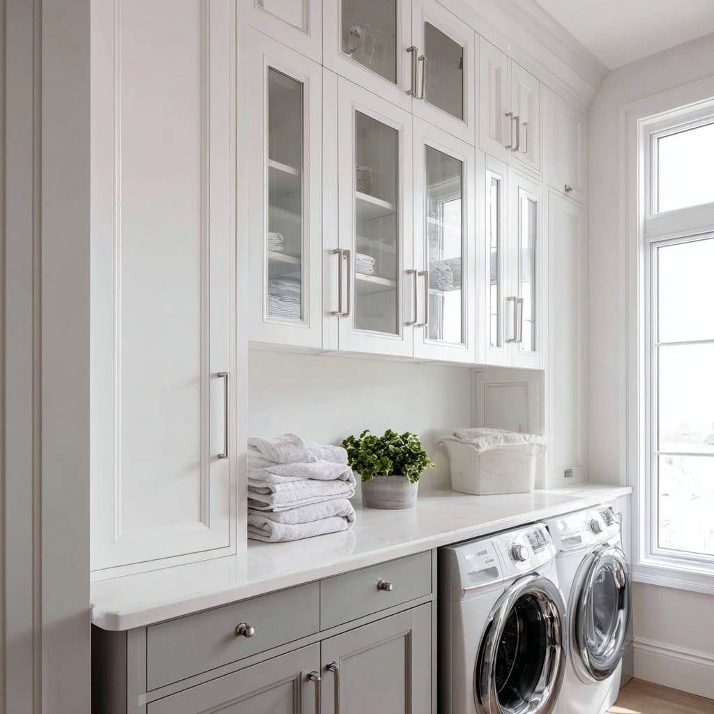 20 Genius Laundry Room Makeovers That Save Space 102 Semi-Custom Cabinetry with Hardware
