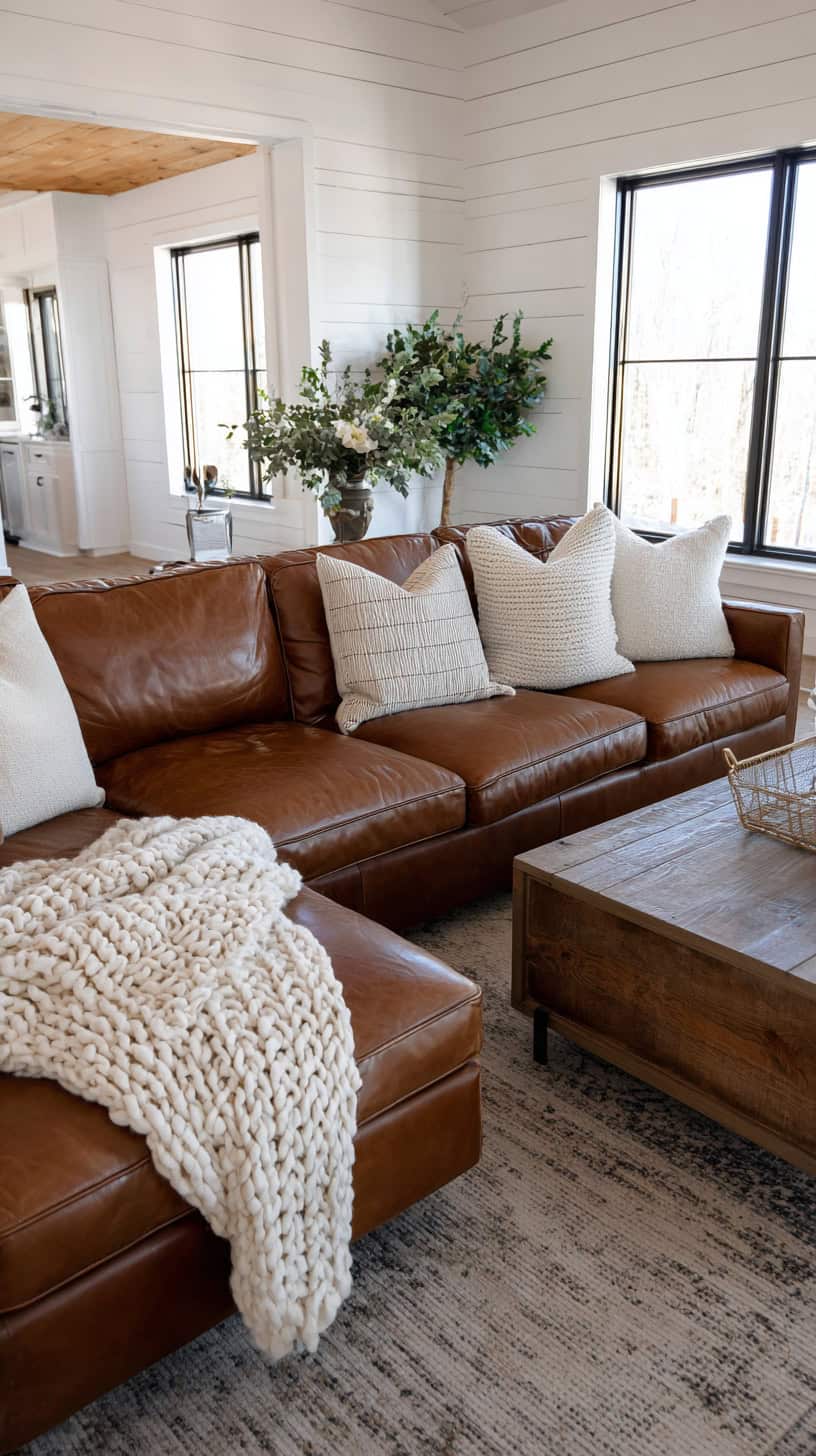 20 Modern Farmhouse Living Room Ideas to Copy Right Now 96 Sleek Leather Sectional