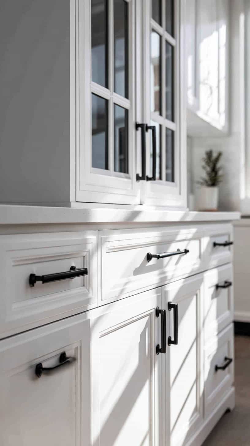 20 Timeless White Kitchen Ideas for Busy Moms 86 Sleek Matte Black Hardware