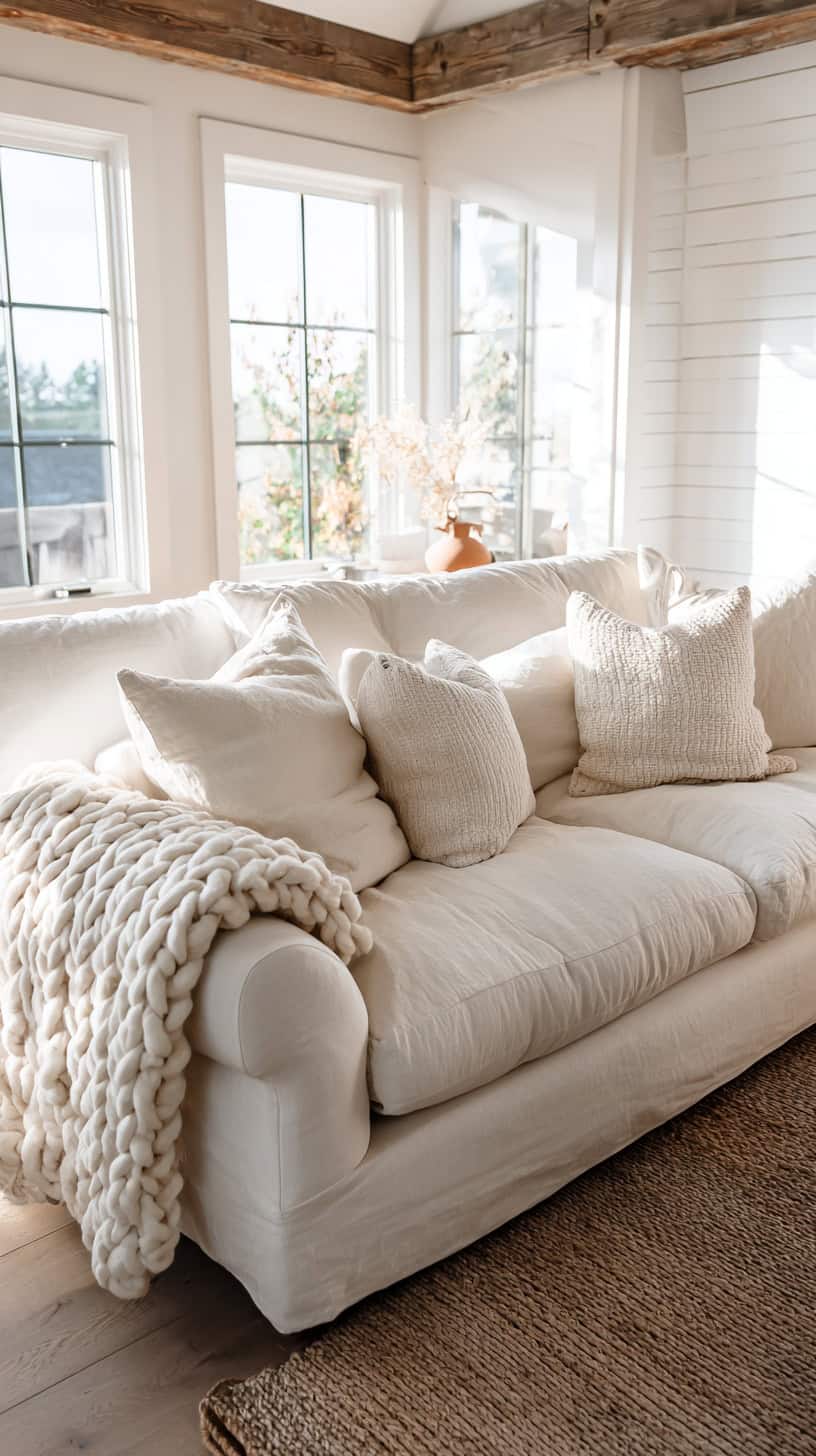 20 Modern Farmhouse Living Room Ideas to Copy Right Now 84 Slipcover Linen Blend Sofa
