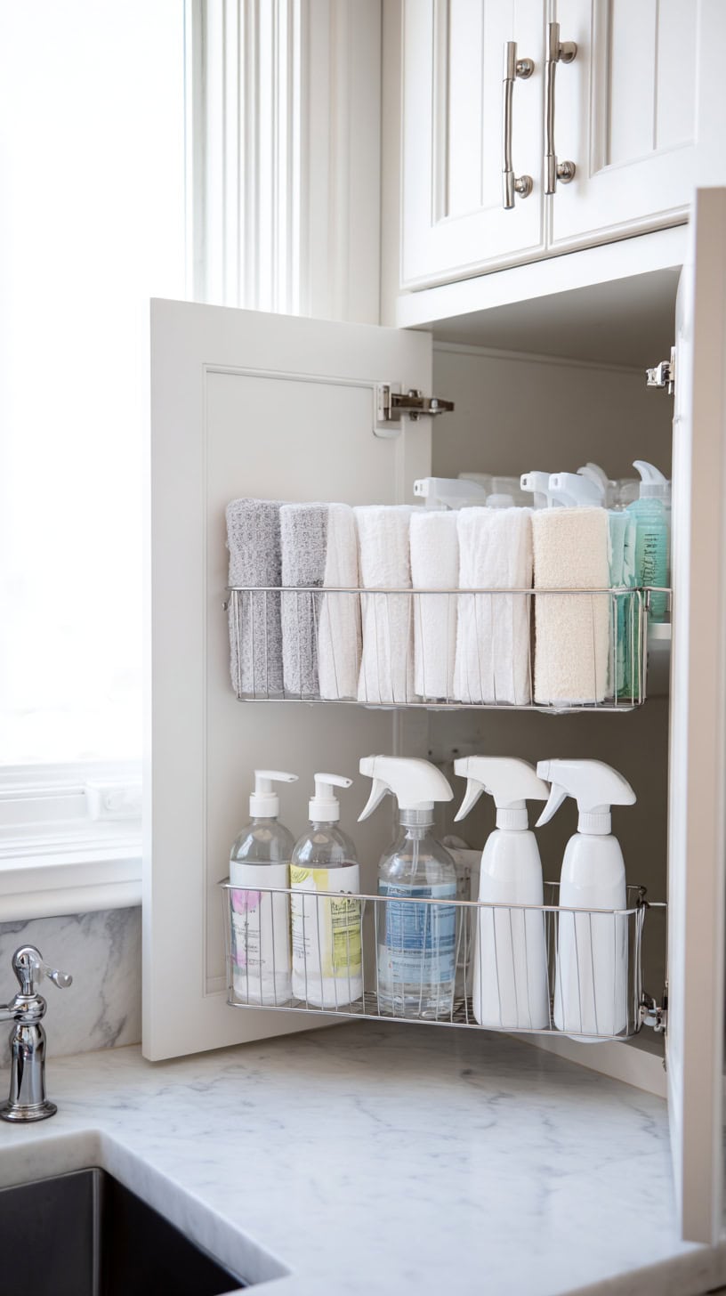 18 Under-Sink Storage Hacks for Busy Moms 82 Tension Rod Dividers