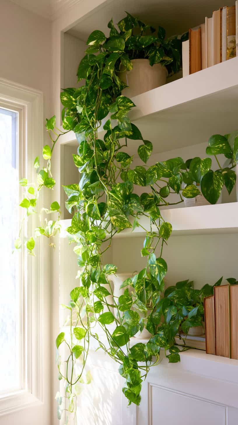 20 Beautiful Bookshelf Styling Ideas to Copy 106 Trailing Plant Drapes