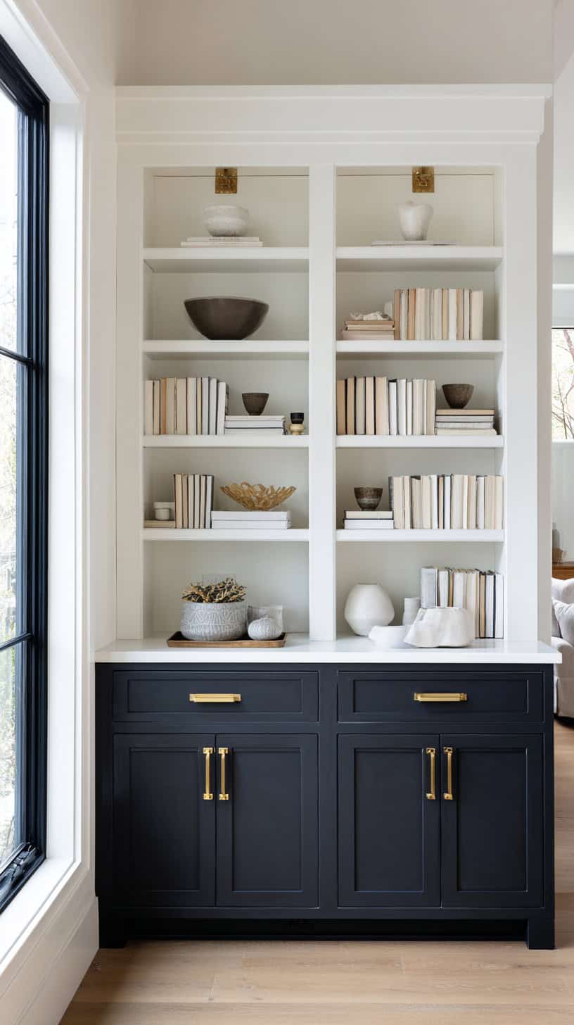 20 Beautiful Bookshelf Styling Ideas to Copy 118 Two-Toned Timeless Cabinets