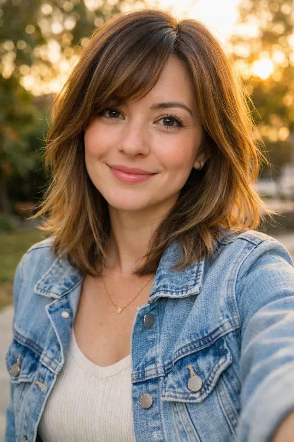 How To Not Dress Old: 17 Easy Style Tips That'll Take Years Off Your Look 41 A woman smiling outdoors with layered hair, captured in warm sunlight.