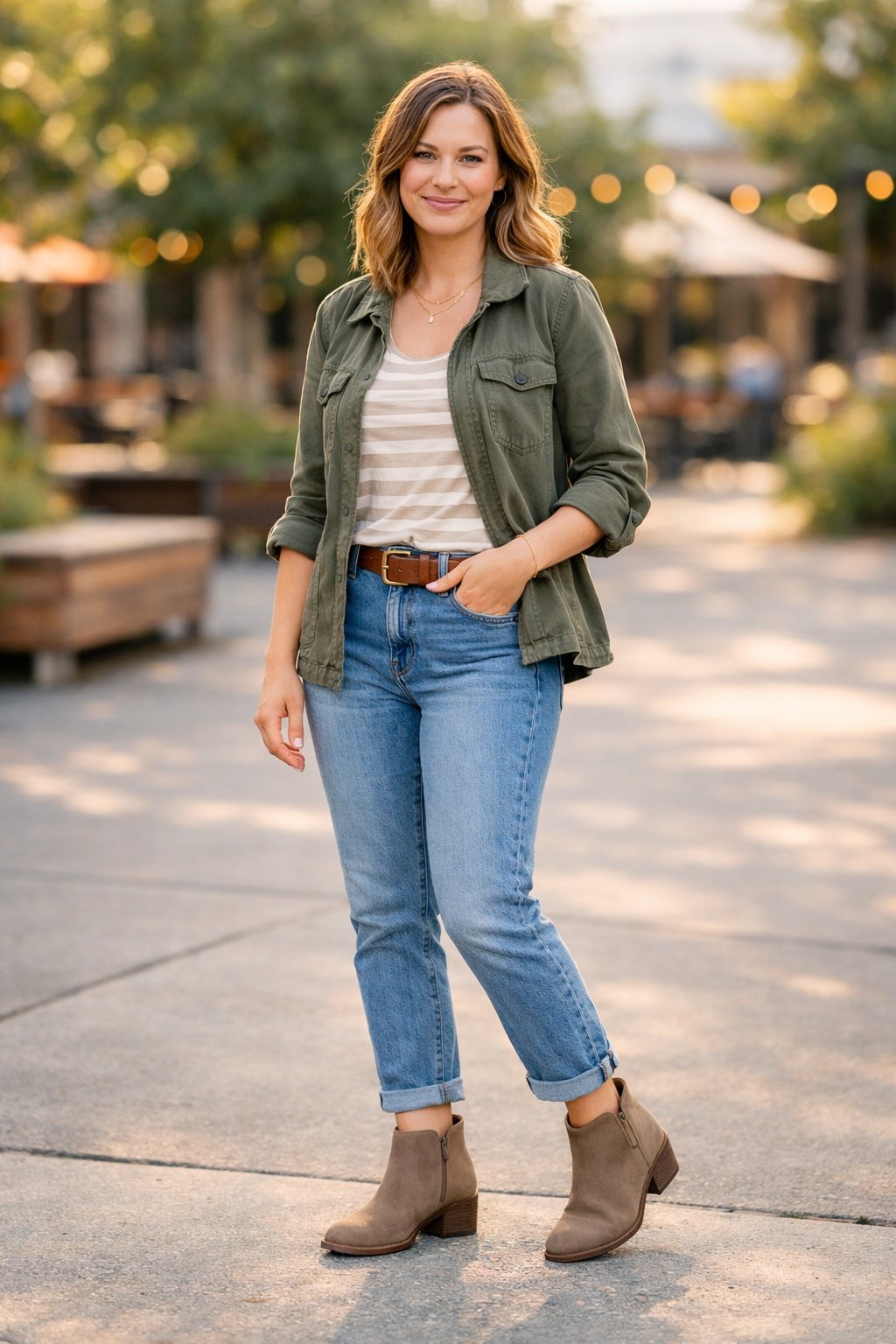 How To Not Dress Old: 17 Easy Style Tips That'll Take Years Off Your Look 45 A woman standing outdoors wearing ankle boots with a low heel, smiling and looking relaxed.