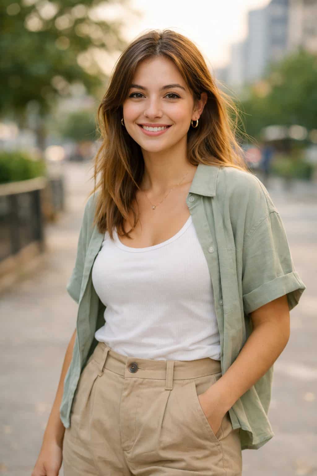 How To Not Dress Old: 17 Easy Style Tips That'll Take Years Off Your Look 49 A woman standing outdoors smiling with blurred greenery and buildings in the background.