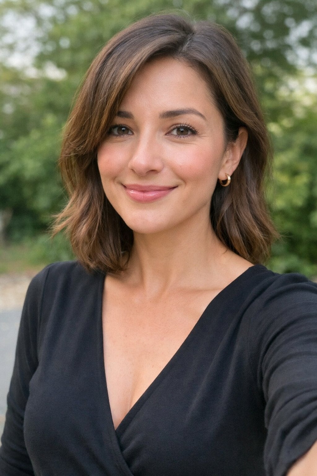 How To Not Dress Old: 17 Easy Style Tips That'll Take Years Off Your Look 53 A woman smiling outdoors wearing a V-neck top with greenery in the background.