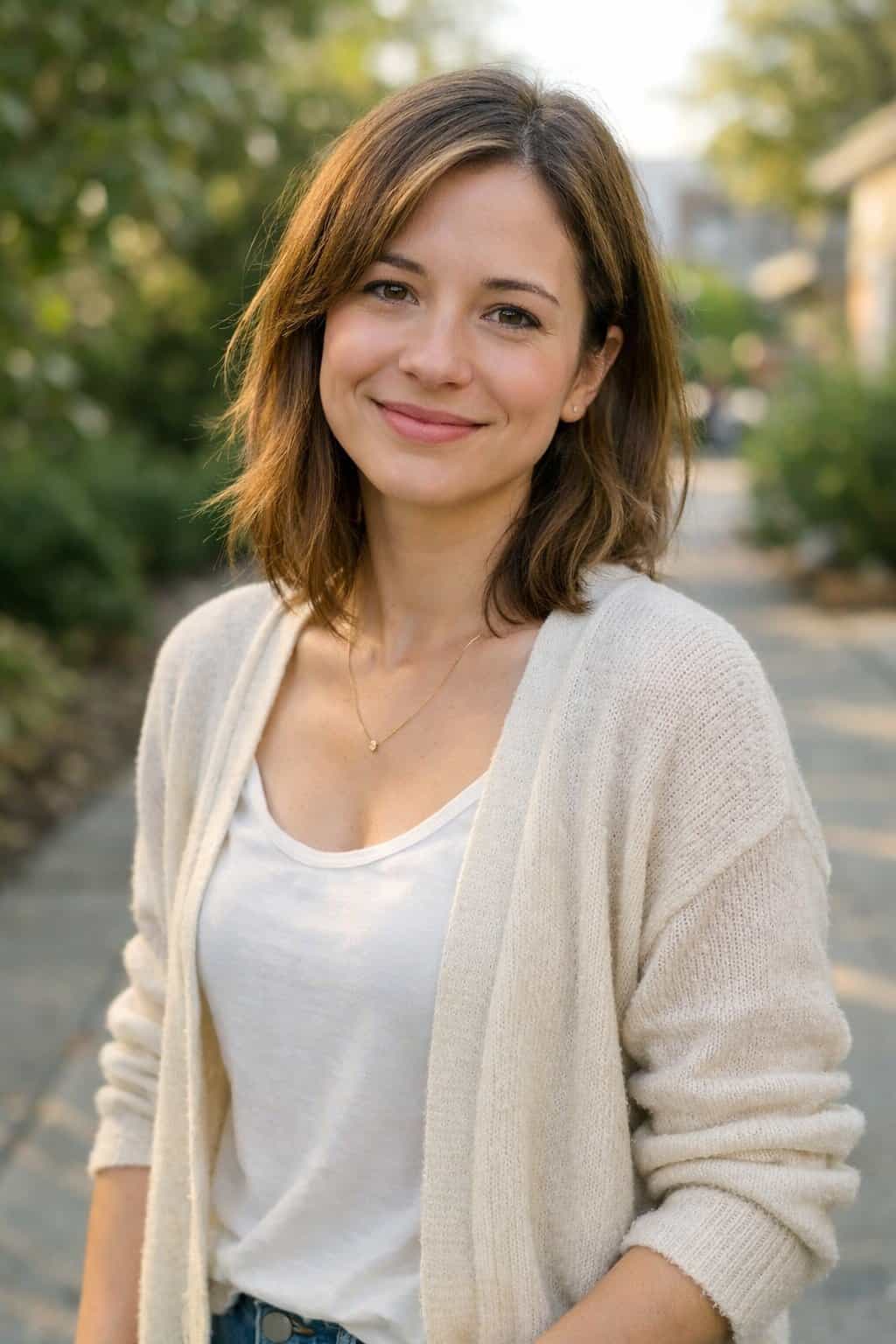 How To Not Dress Old: 17 Easy Style Tips That'll Take Years Off Your Look 55 A woman standing outdoors wearing a lightweight sweater layered over a top, smiling gently with greenery in the background.