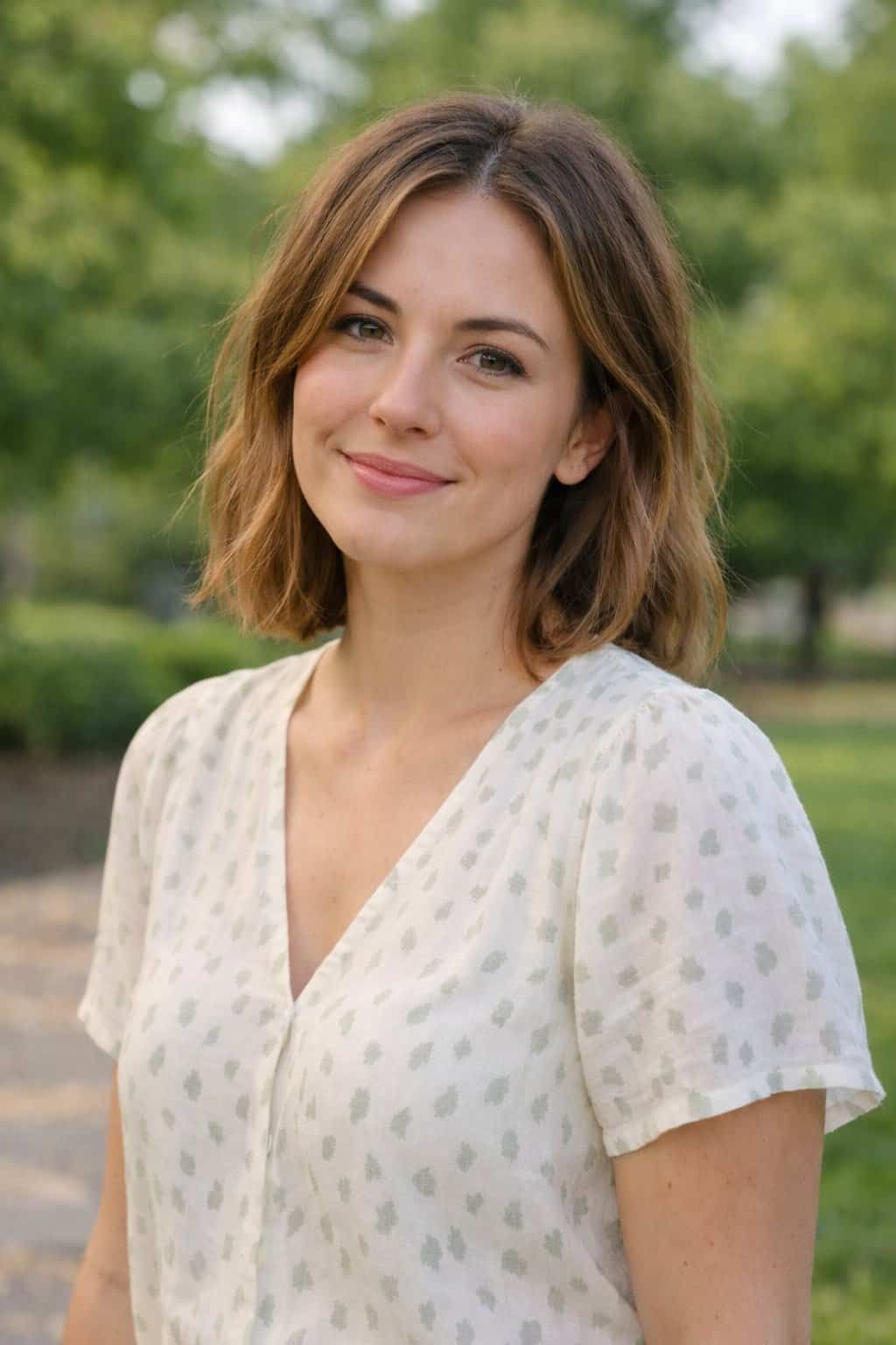 How To Not Dress Old: 17 Easy Style Tips That'll Take Years Off Your Look 59 A woman standing outdoors wearing a patterned top, smiling gently with greenery in the background.