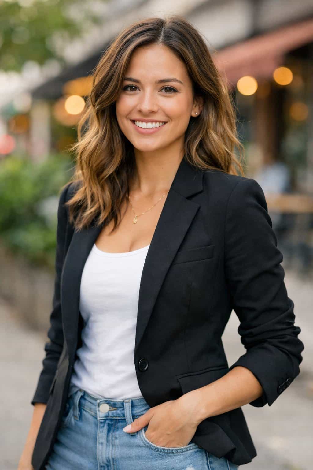 How To Not Dress Old: 17 Easy Style Tips That'll Take Years Off Your Look 67 A woman standing outdoors wearing a fitted blazer, smiling at the camera.