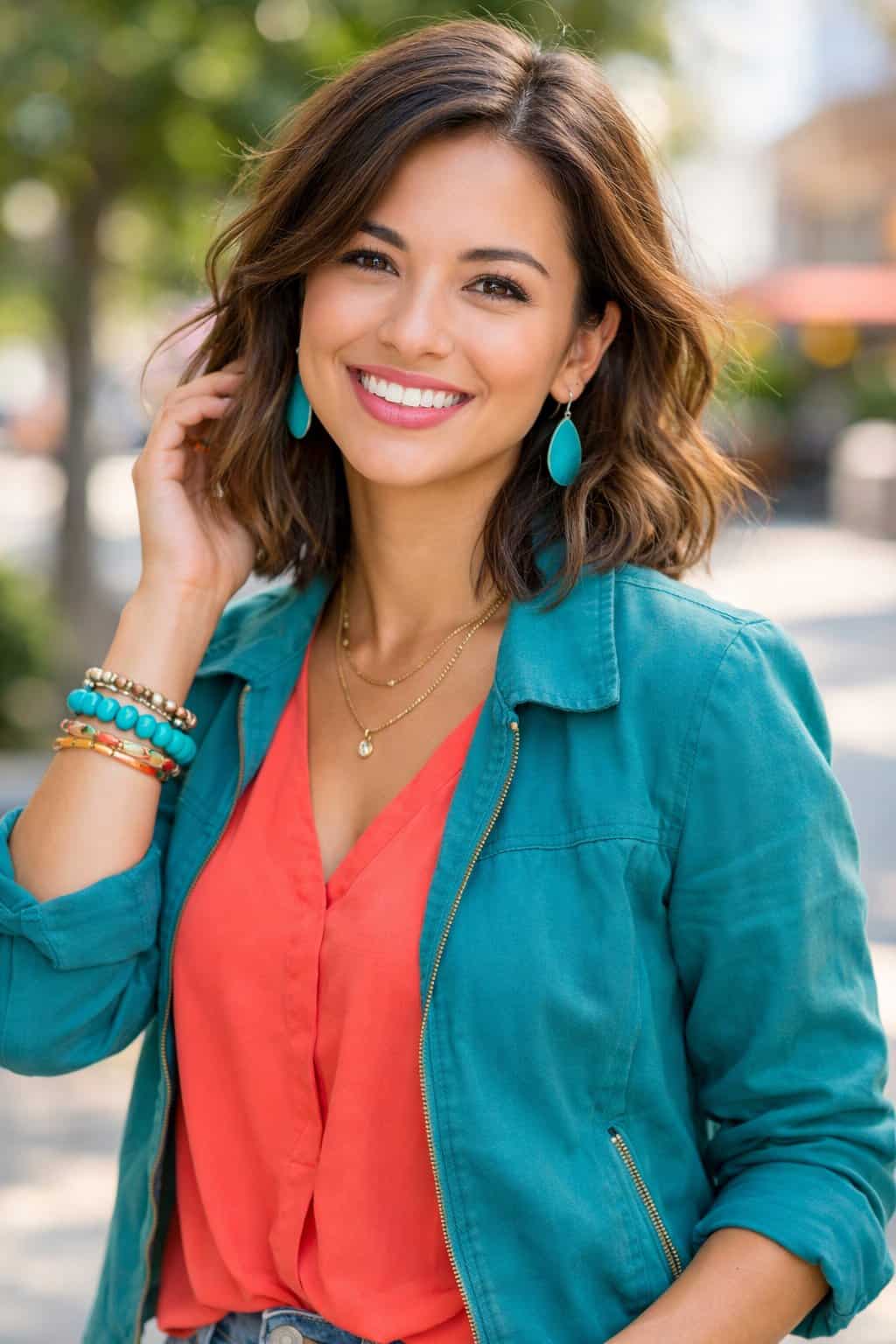 How To Not Dress Old: 17 Easy Style Tips That'll Take Years Off Your Look 69 A woman standing outdoors smiling, wearing colorful clothing.