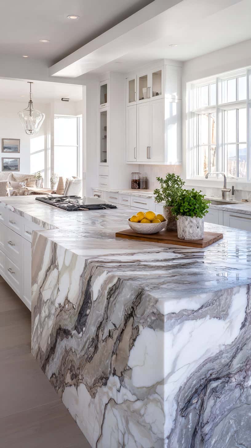 20 Timeless White Kitchen Ideas for Busy Moms 118 Veined Marble Countertops