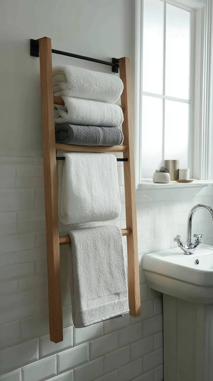 20 Bathroom Storage Solutions for Tiny Spaces 115 Wall-Mounted Towel Ladders