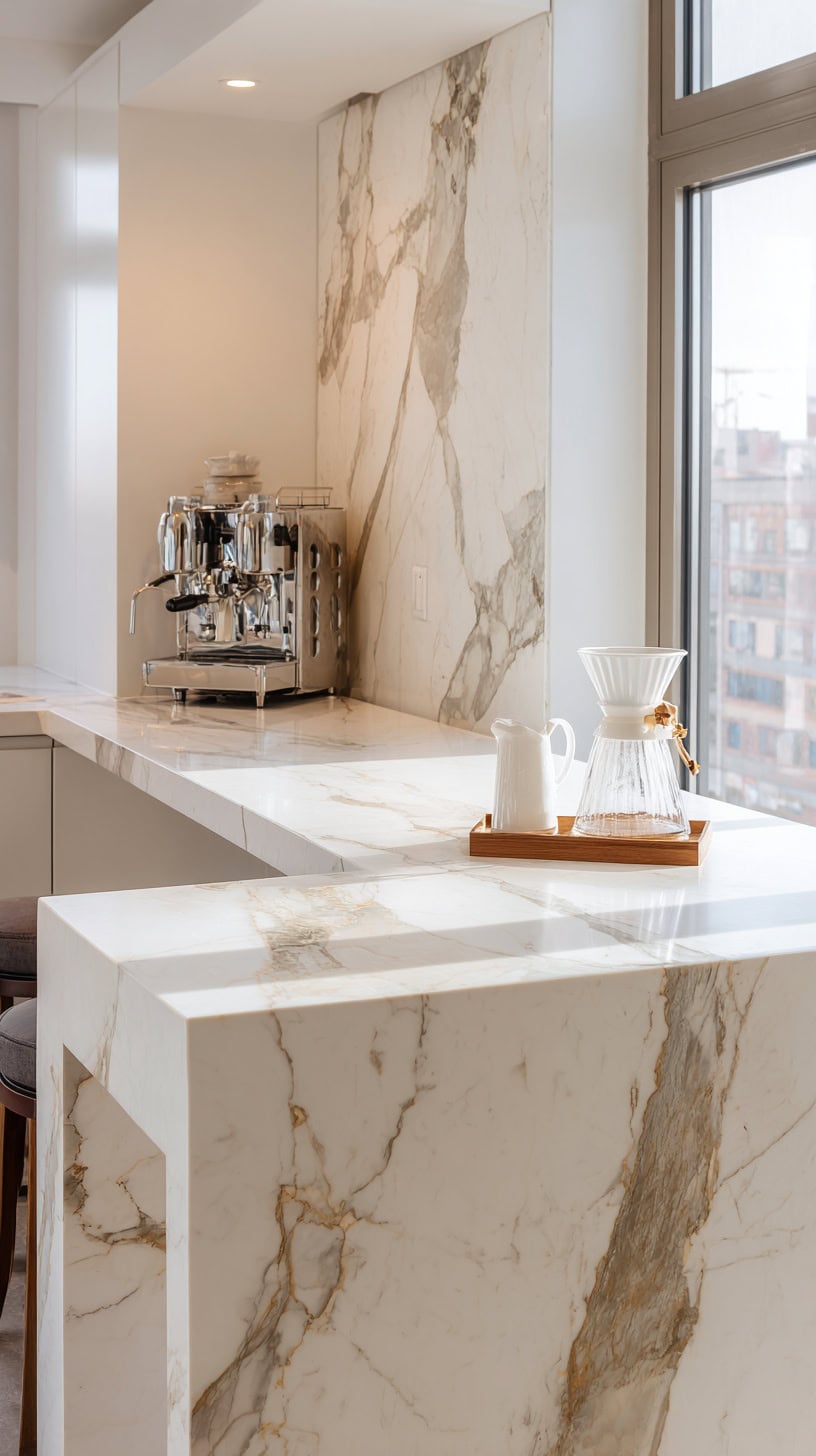 18 DIY Coffee Bar Ideas for Small Kitchens 98 Waterfall Counter Design