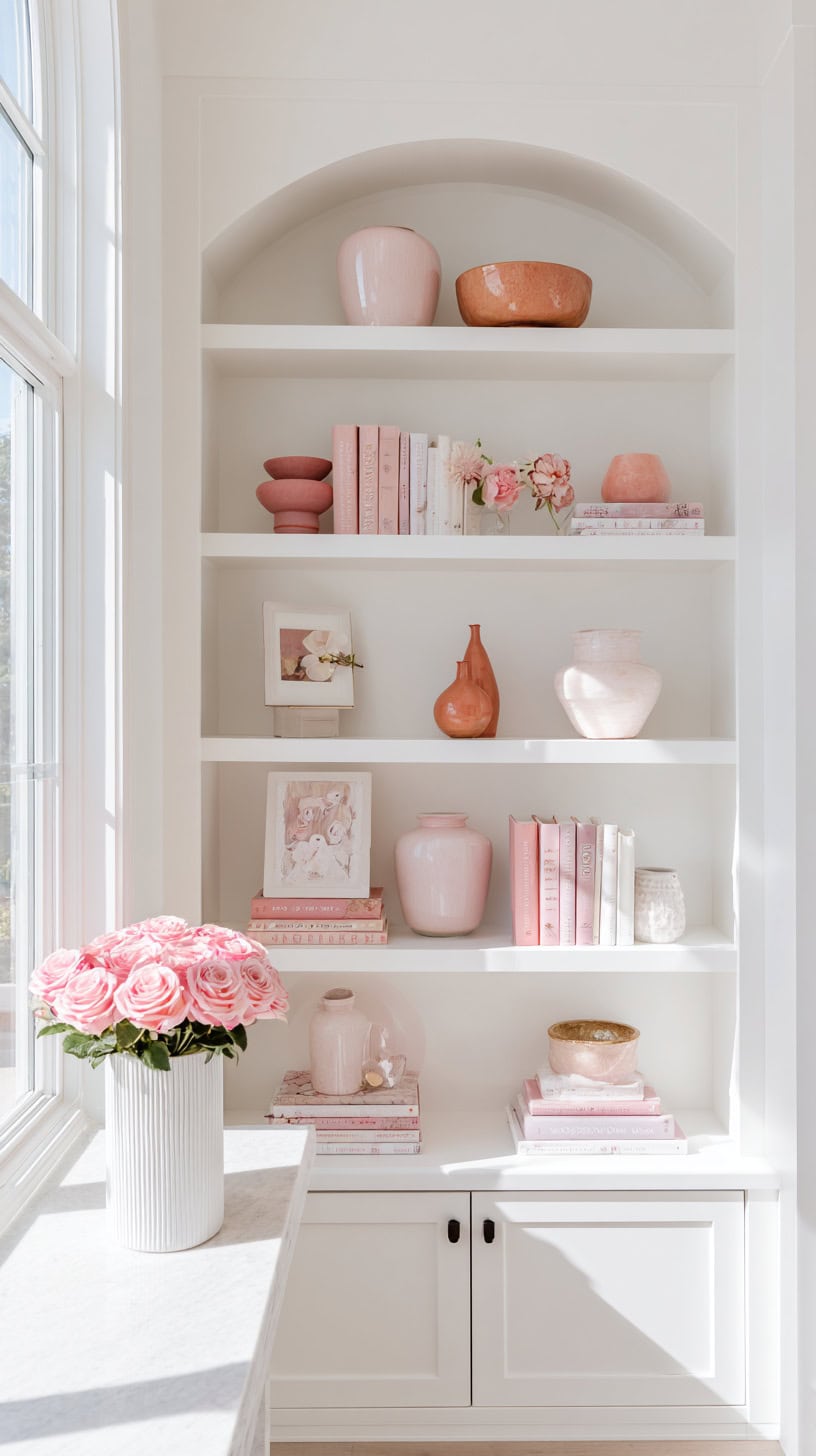 20 Beautiful Bookshelf Styling Ideas to Copy 104 White Shelf Pink Accents