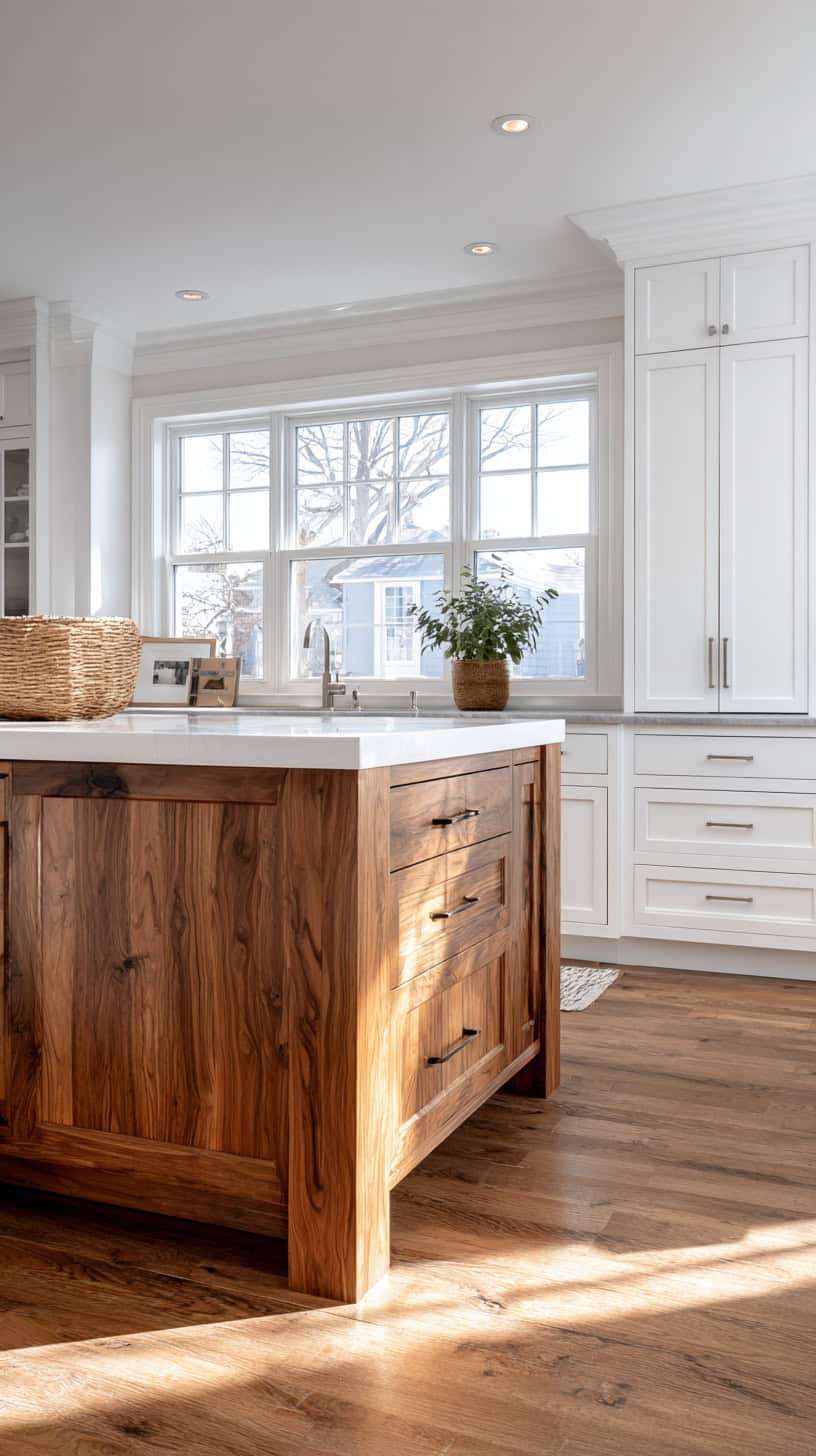 20 Timeless White Kitchen Ideas for Busy Moms 90 Wood Island Warm Contrast