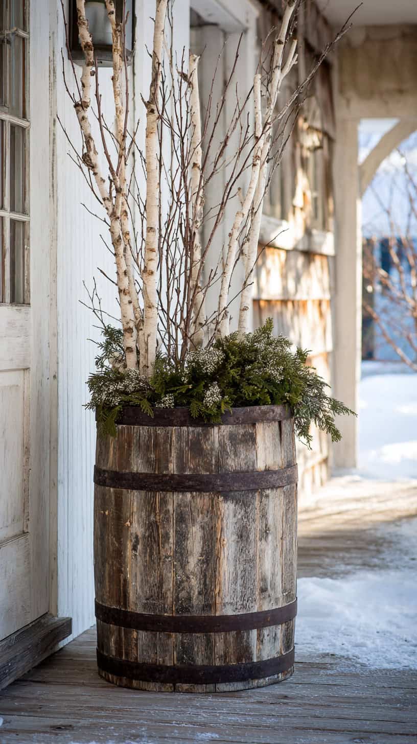 15 Farmhouse Porch Decor Ideas for Late Winter 70 Wooden Barrel Pot
