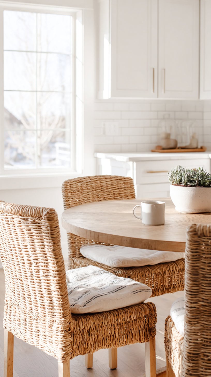 20 Timeless White Kitchen Ideas for Busy Moms 106 Woven Chair Breakfast Nook