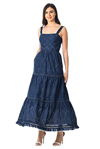 eShakti Women's Cotton Eyelet Tiered Maxi Sundress M-8 Short Navy/White