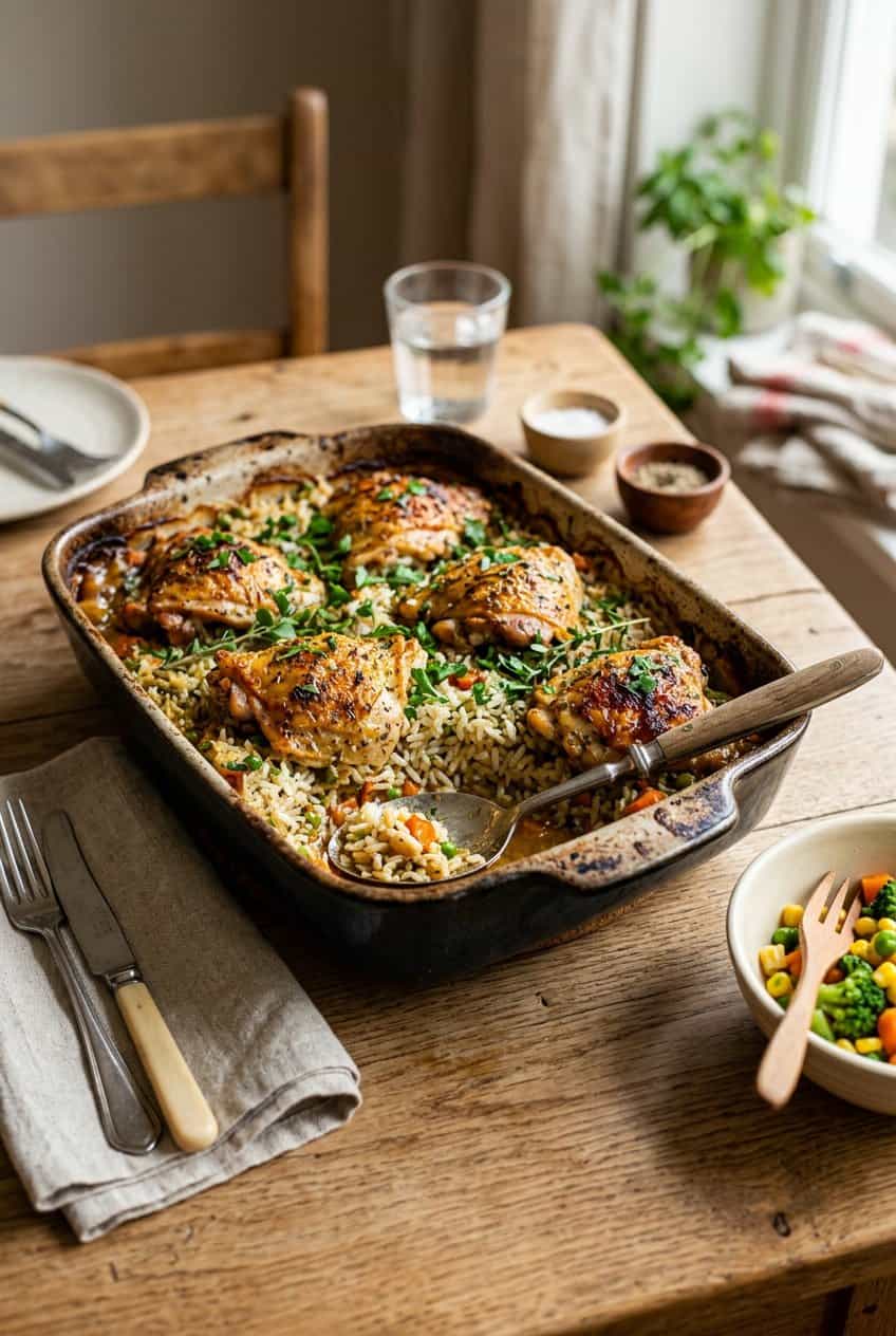 A freshly baked chicken and rice casserole with a golden cheese top layer in a deep white ceramic baking dish, garnished with fresh parsley on a wooden table.