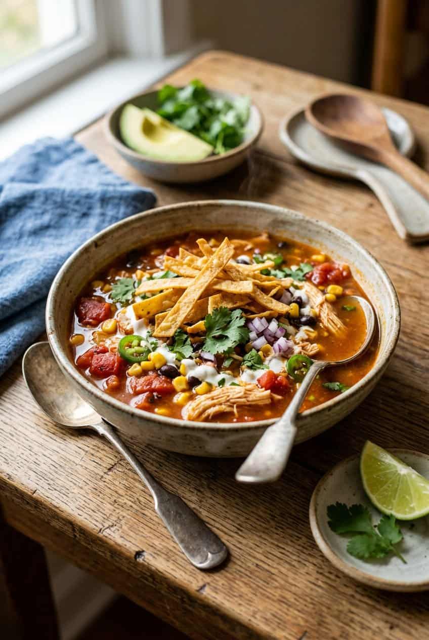 A wide bowl of chicken tortilla soup with shredded chicken, black beans, and corn in a deep red broth, topped with crispy tortilla strips, fresh cilantro, and a lime wedge.