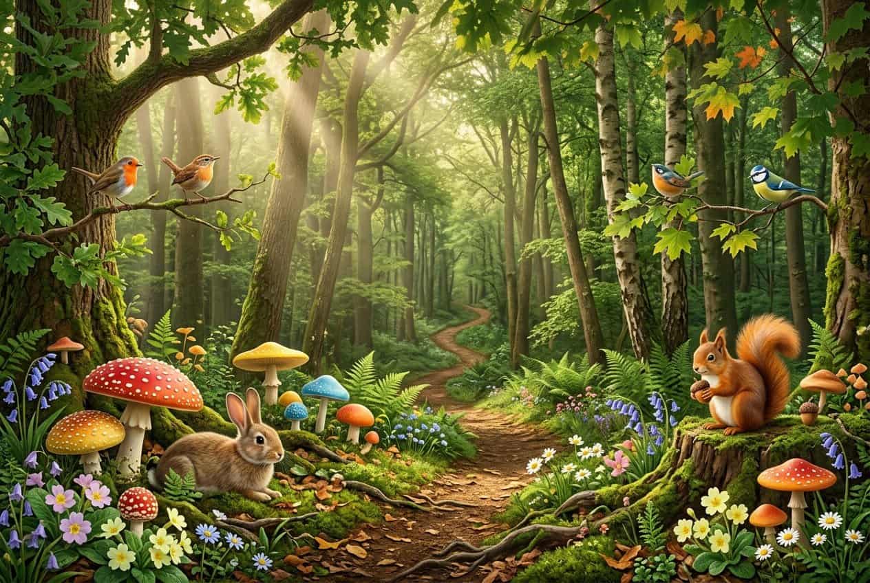 21 Chic Wallpaper Ideas I’d Actually Use in My Own Home This Year 72 A children's room accent wall with a whimsical forest mural featuring tall trees, spotted mushrooms, wildflowers, and small woodland animals including rabbits and birds in soft muted tones.