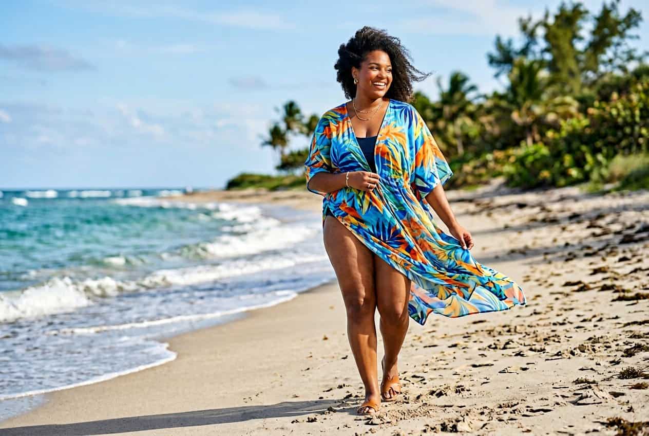 A plus size woman in a vibrant terracotta and gold patterned kaftan cover-up standing on a sandy beach with bright blue water and sky behind her, the fabric billowing loosely around her frame.
