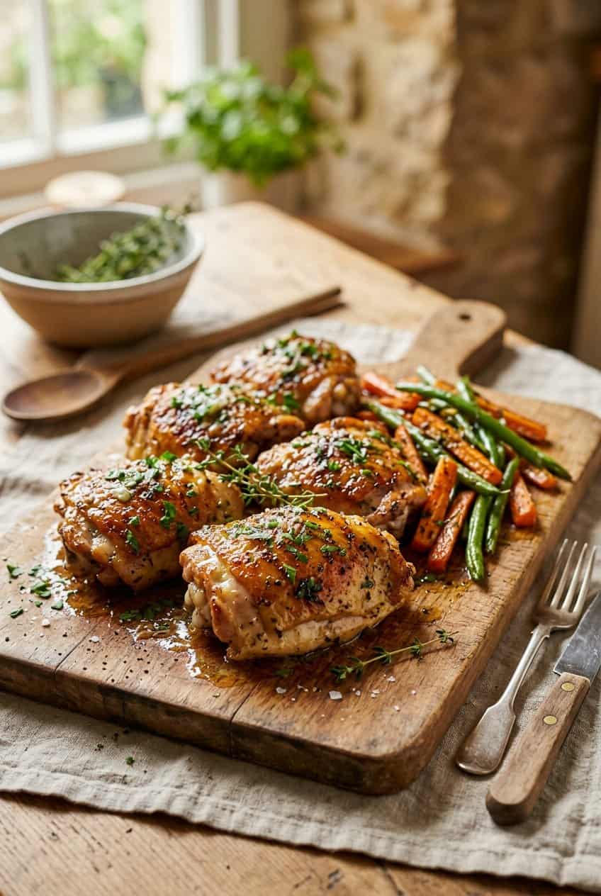 Six golden-skinned chicken thighs in a heavy skillet with a glistening garlic butter sauce, garnished with fresh parsley and served alongside roasted vegetables.