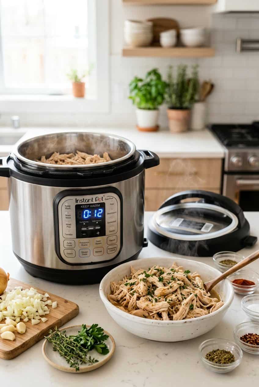 An Instant Pot with the lid off showing tender shredded chicken inside, surrounded by fresh garlic and herbs on a light kitchen countertop.