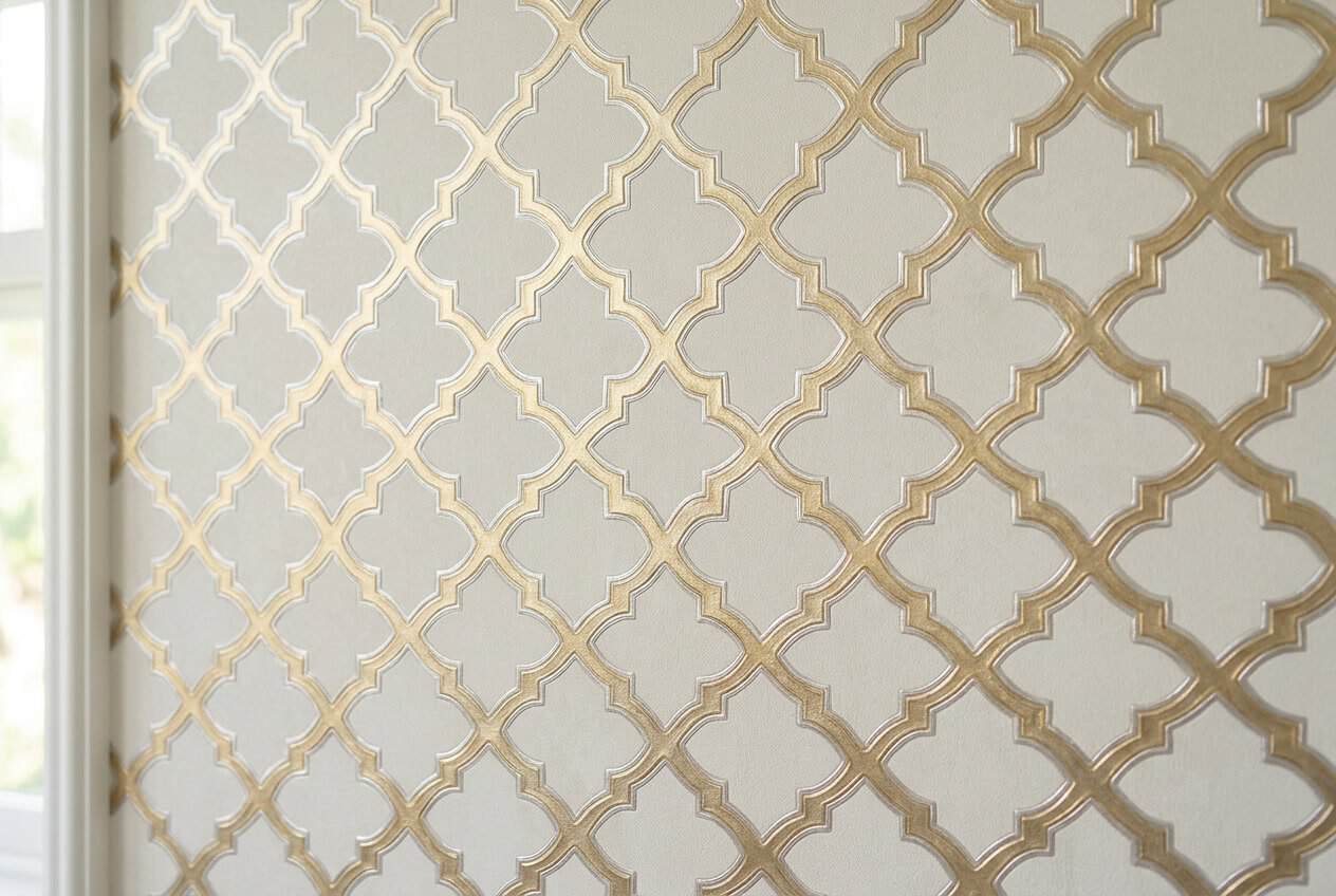 Close-up of a wall covered with brushed gold metallic Moroccan trellis patterned wallpaper featuring interlocking geometric shapes.