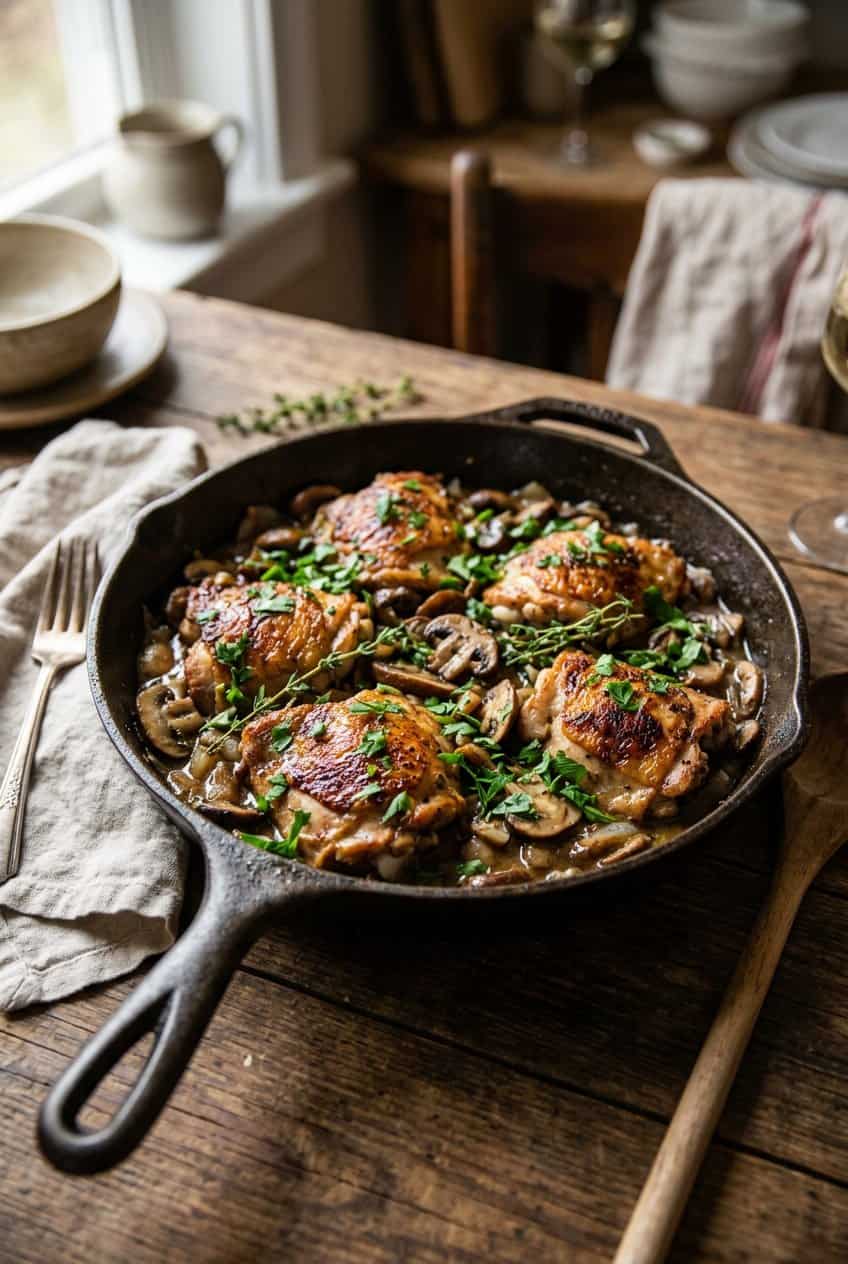 A large skillet with seared chicken breasts and sliced brown mushrooms in a creamy pale pan sauce, garnished with fresh thyme leaves on a wooden surface.