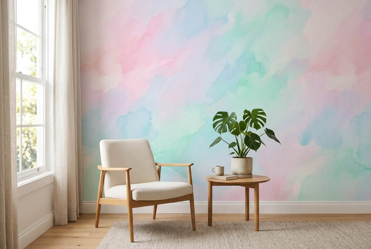 A minimalist bedroom with a wall covered in soft blended pastel watercolor wallpaper in pale pink and cream tones, a white linen chair, and a small wooden side table with a trailing plant.