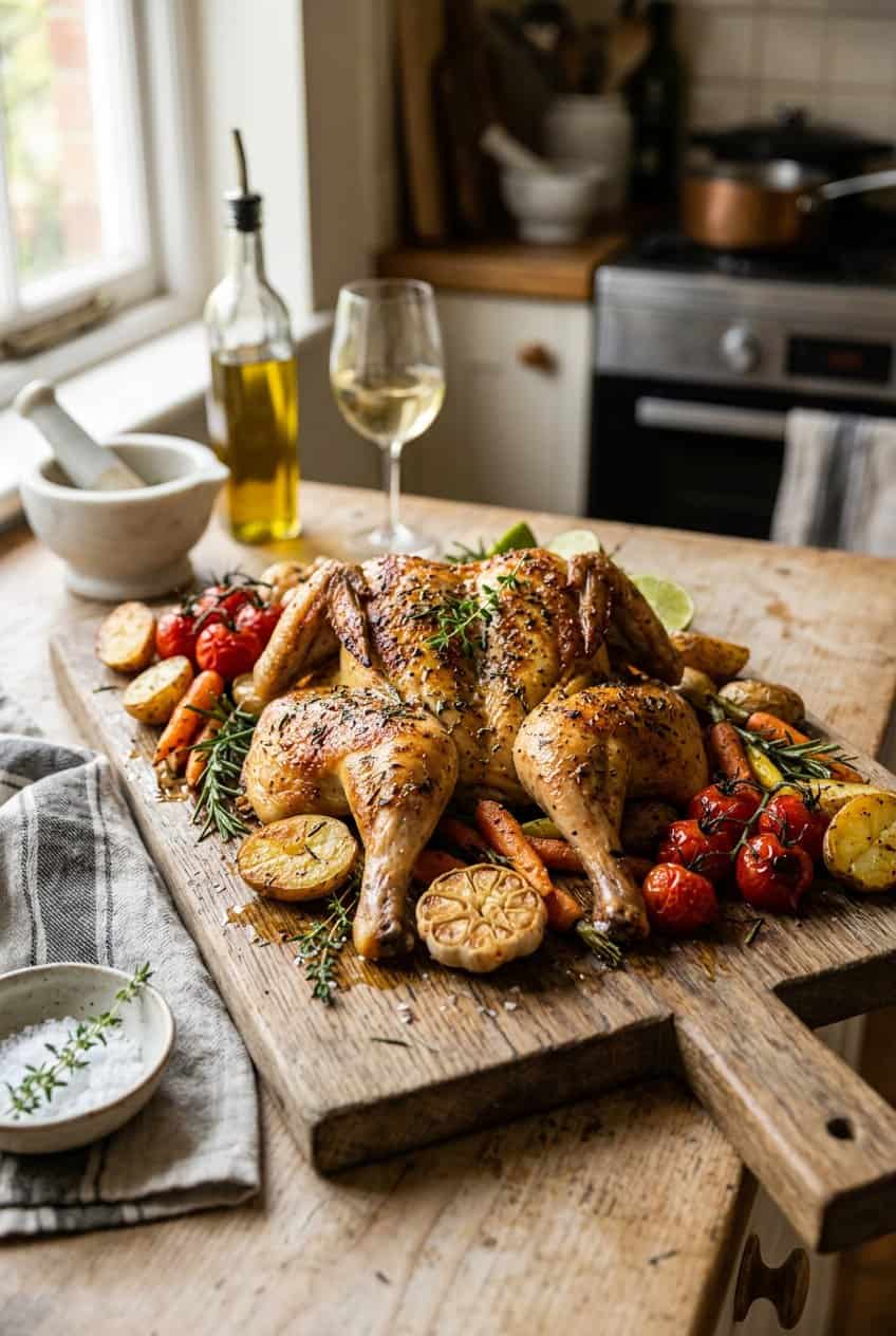 A whole spatchcocked roast chicken with burnished golden-brown skin on a wooden cutting board, surrounded by roasted cherry tomatoes, baby potatoes, and fresh rosemary sprigs.