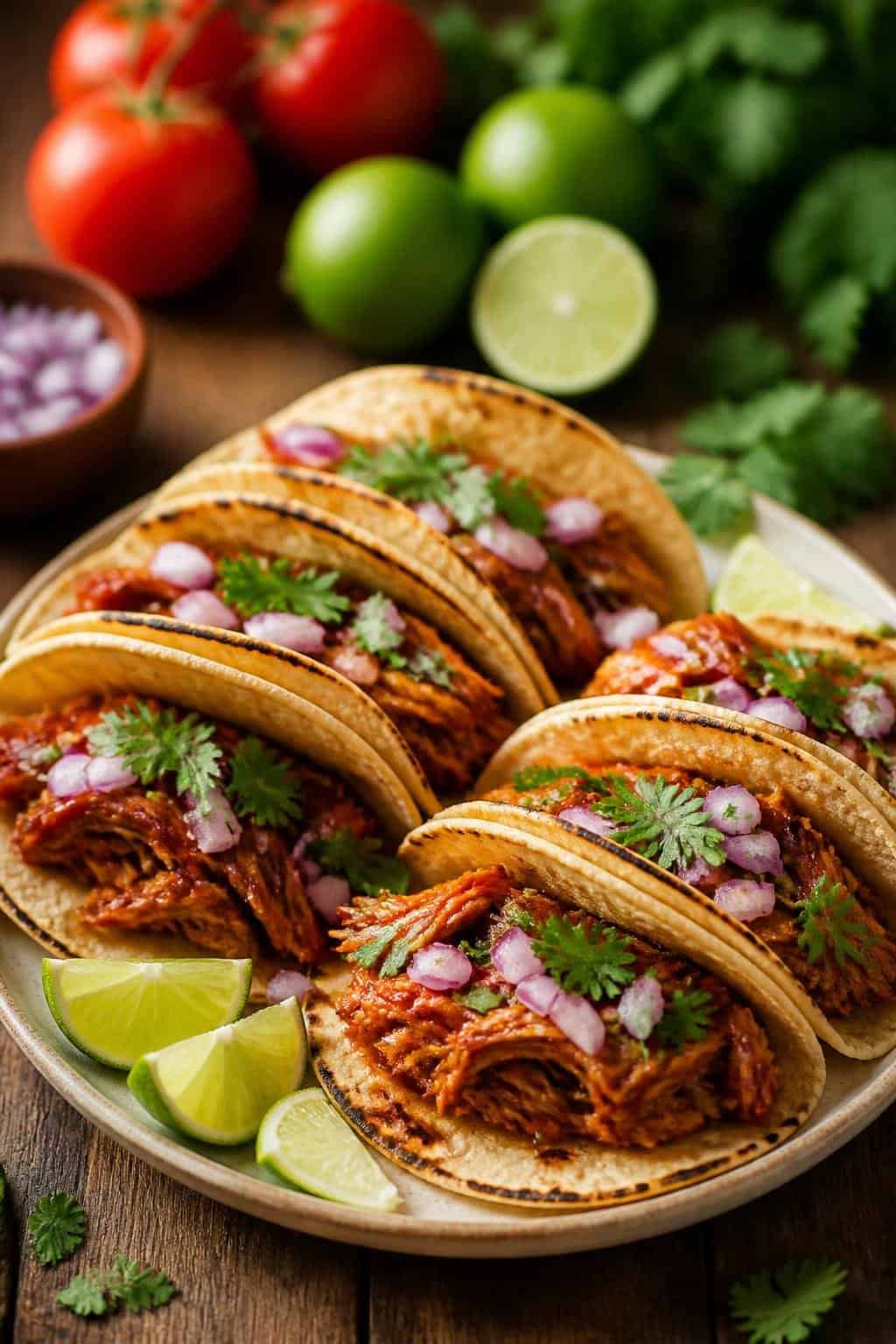 A wooden table with a plate of saucy BBQ shredded chicken tacos topped with fresh cilantro and diced red onion, lime wedges resting alongside.