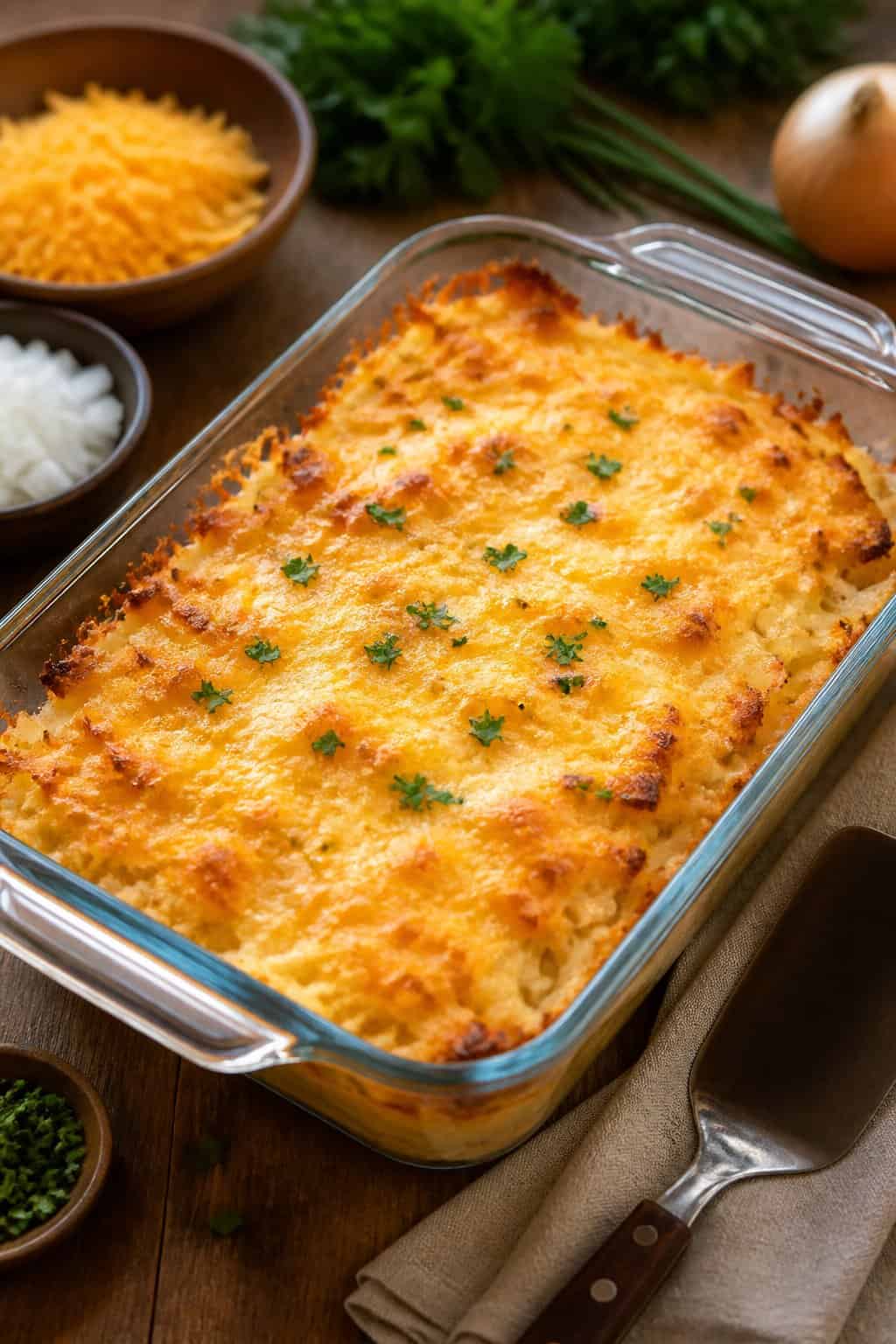 A freshly baked cheesy hashbrown casserole in a glass baking dish on a wooden table with a serving spatula and fresh ingredients nearby.