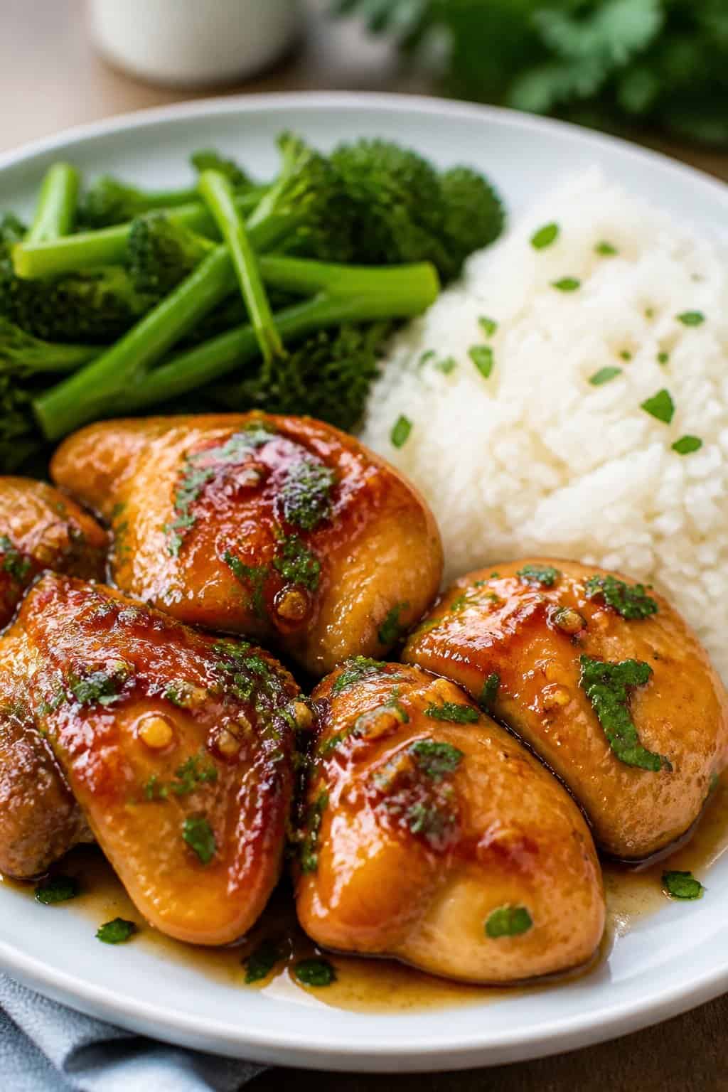 Glazed honey garlic chicken thighs on a white plate, topped with chopped parsley, served alongside steamed vegetables and a mound of white rice.