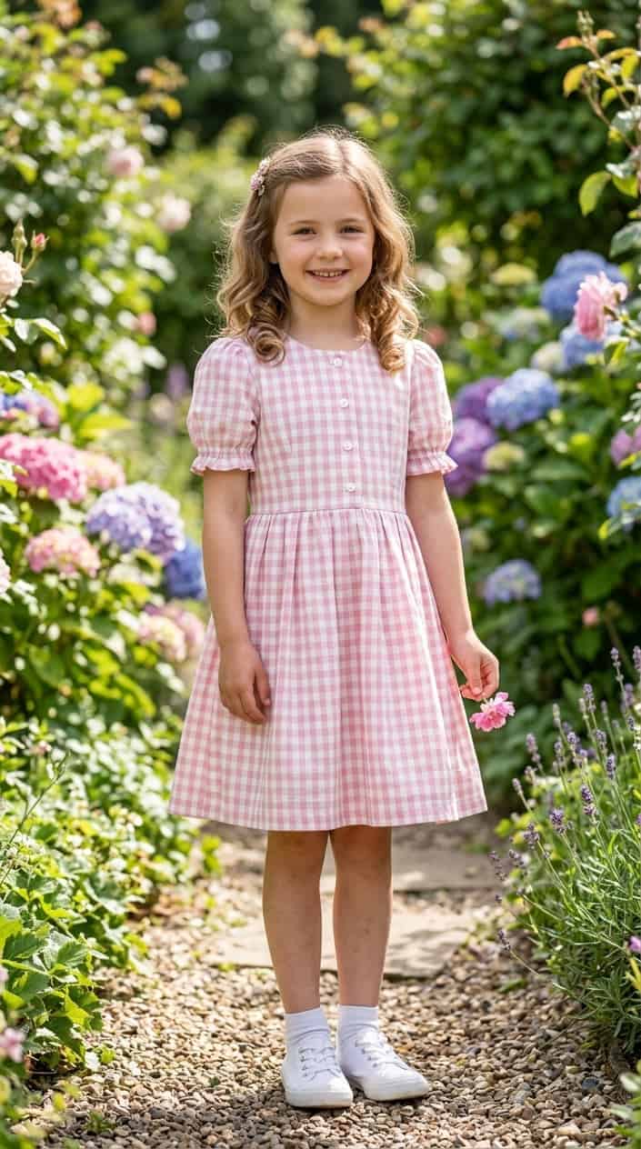 Retro-Inspired Summer Outfits for Girls 2 A young girl standing outdoors wearing a gingham sundress with puff sleeves, surrounded by greenery and flowers.
