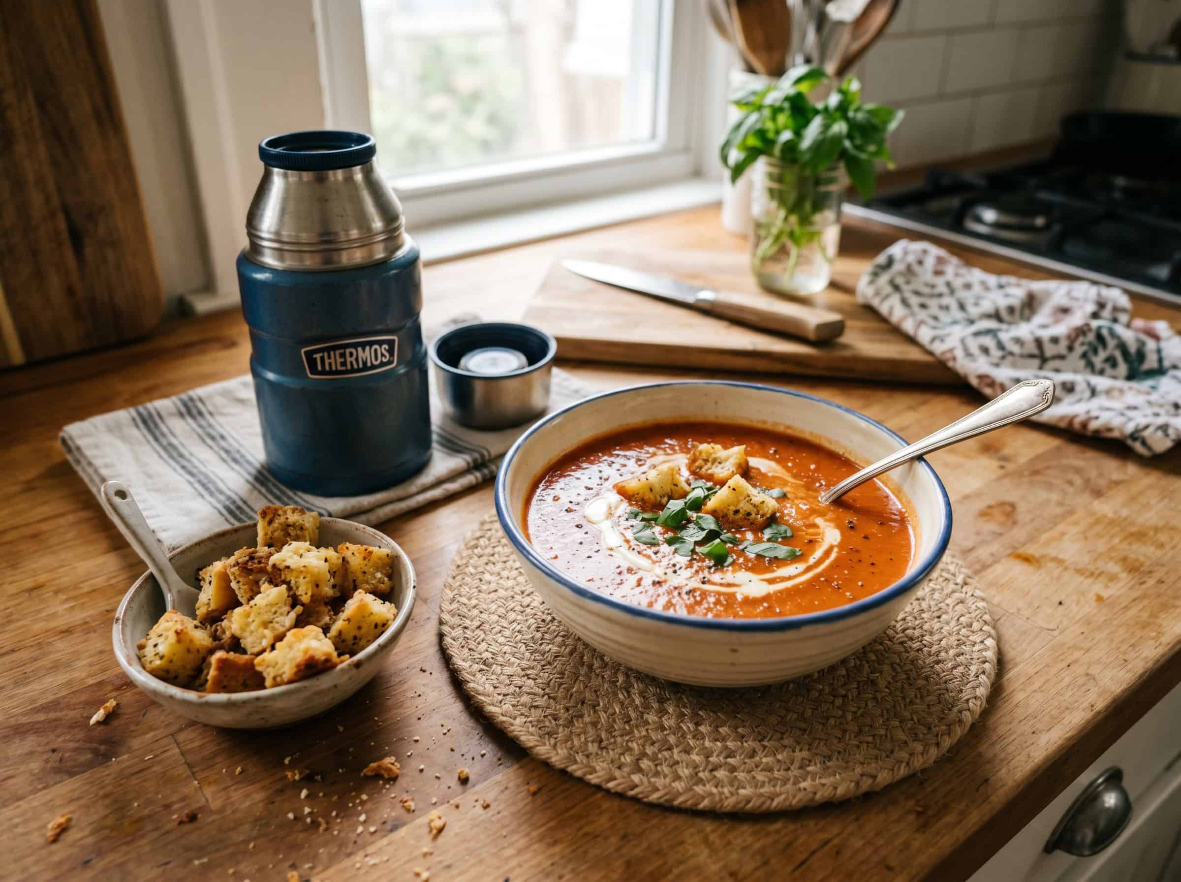 Thermos Tomato Soup with Parmesan Croutons on the Side