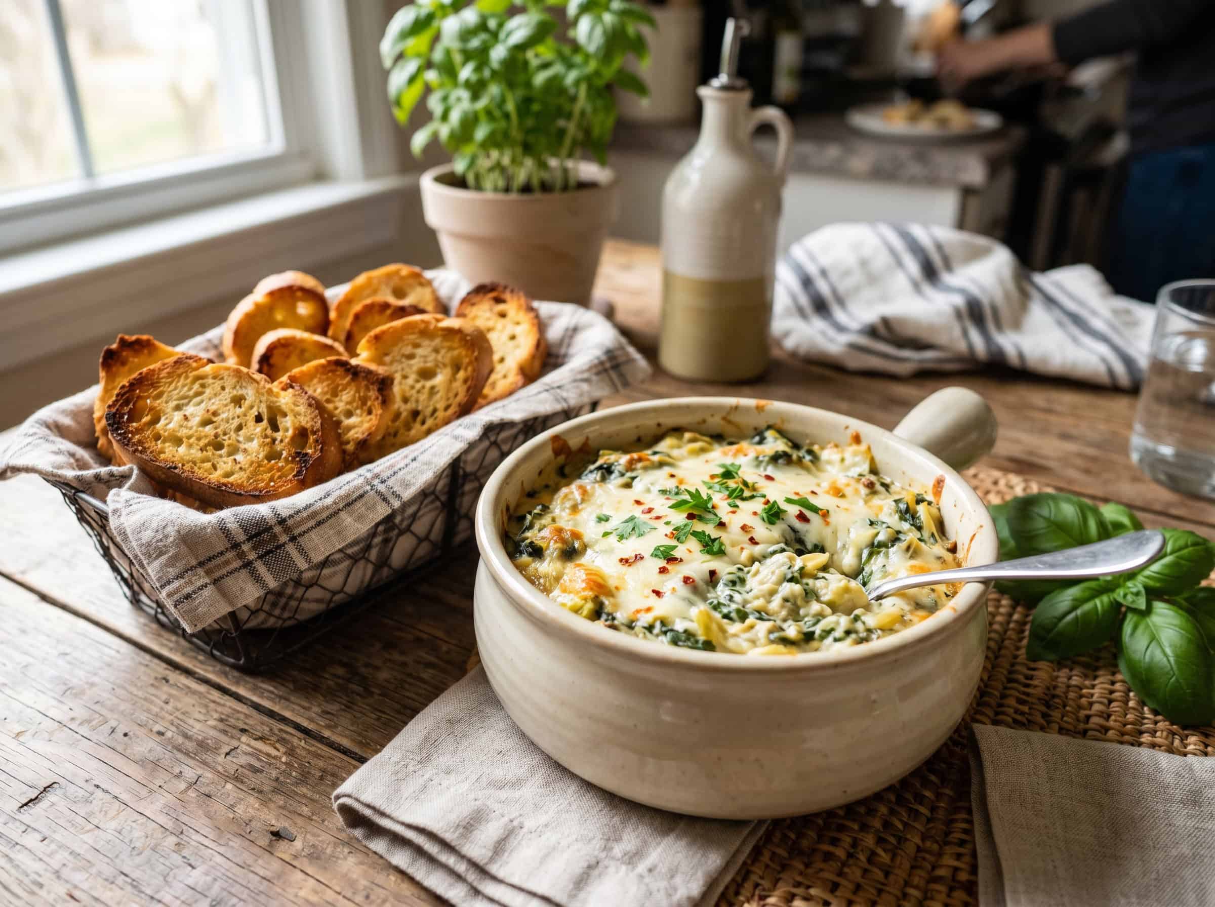 Spinach Artichoke Dip with Toasted Baguette Slices