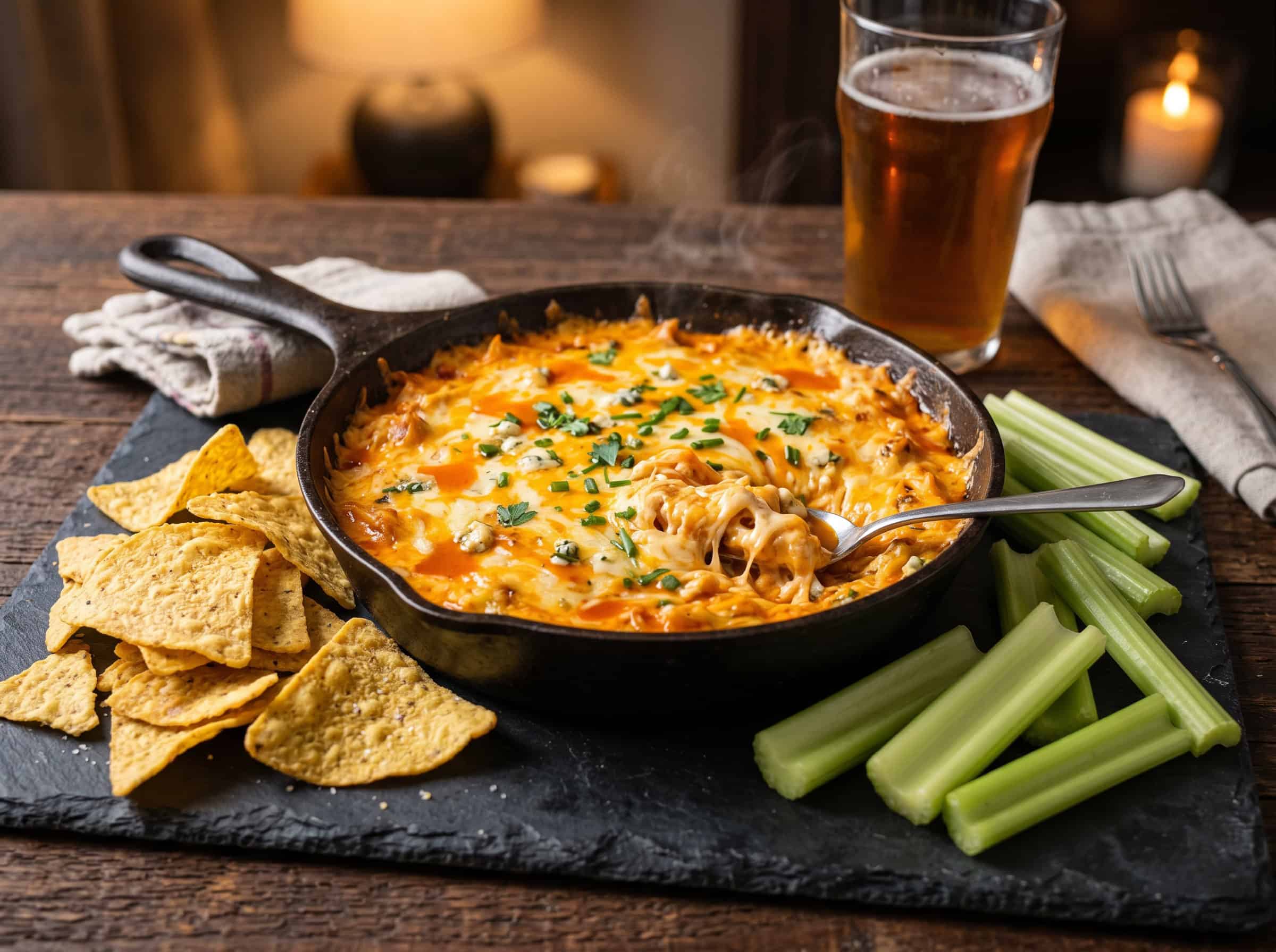 Buffalo Chicken Dip with Celery and Tortilla Chips