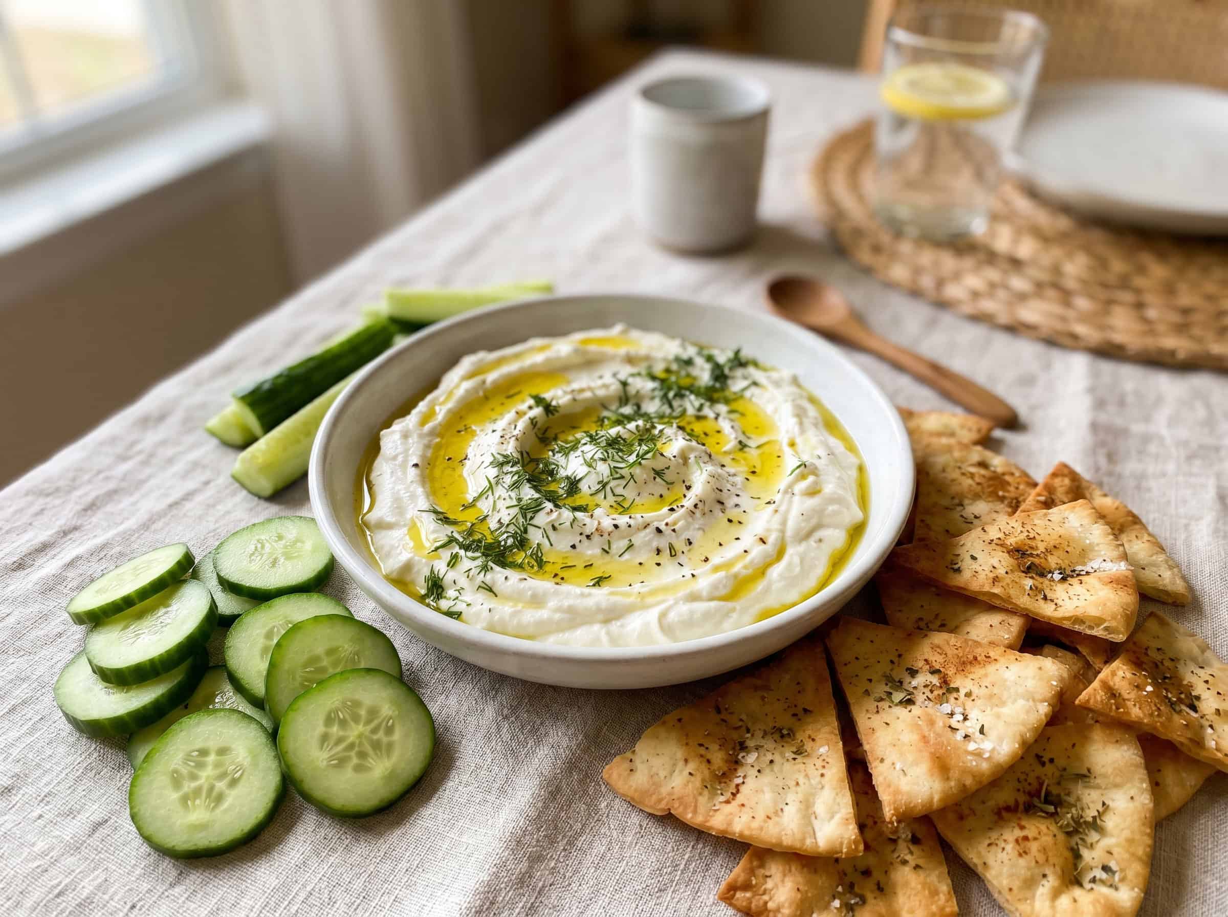 Whipped Feta Dip with Pita Chips and Cucumber