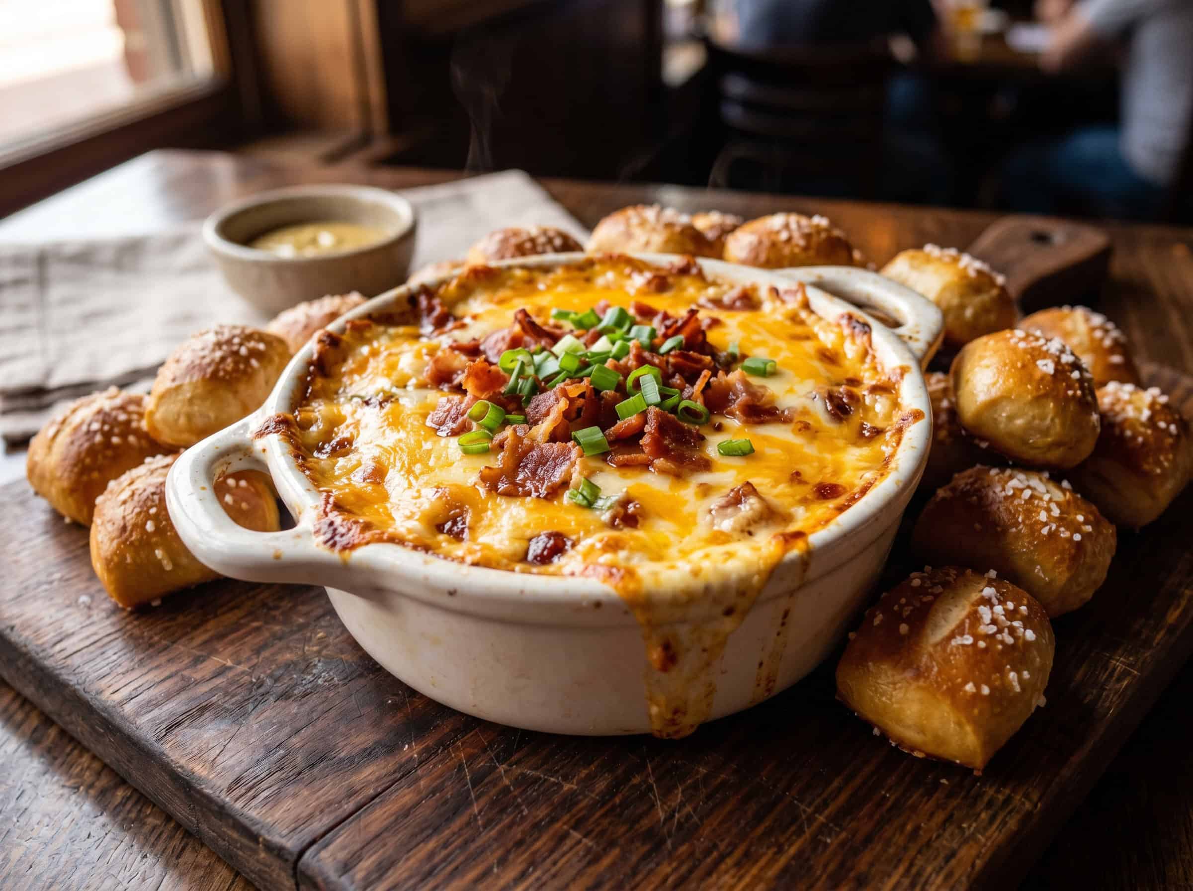 Warm Bacon and Cheese Dip with Pretzel Bites