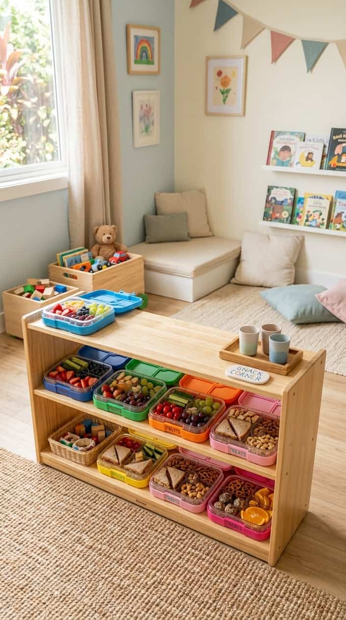 A low natural wood shelf in a playroom holding four colorful divided bento-style trays filled with small healthy snacks, with clear snap-on lids and simple labels facing forward.