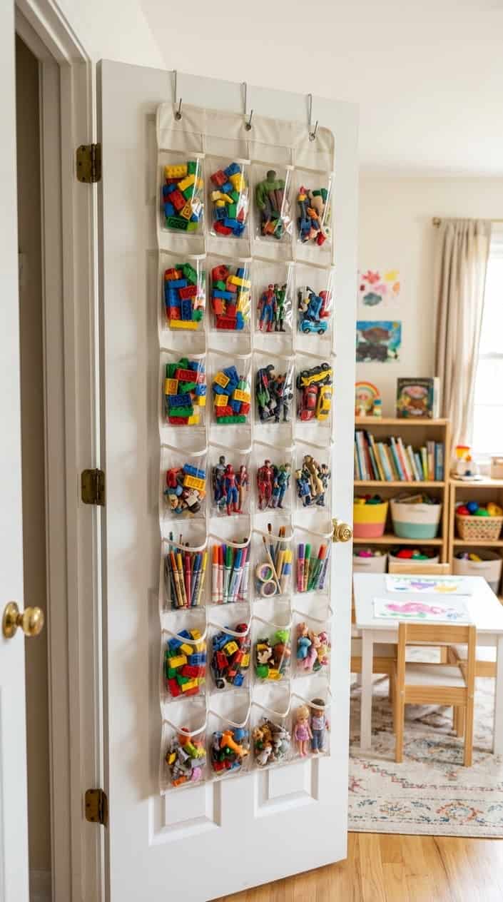 A clear plastic pocket shoe organizer hanging on the back of a white closet door, with small colorful toys, figures, and art supplies sorted into individual pockets.