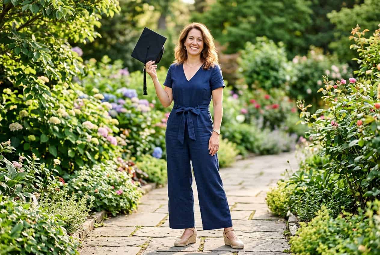 15 Mom Graduation Outfit Ideas to Shine With Style and Comfort 43 A woman standing in a sunny garden wearing a wide-leg tailored jumpsuit and wedge sandals, holding a graduation cap and grinning.