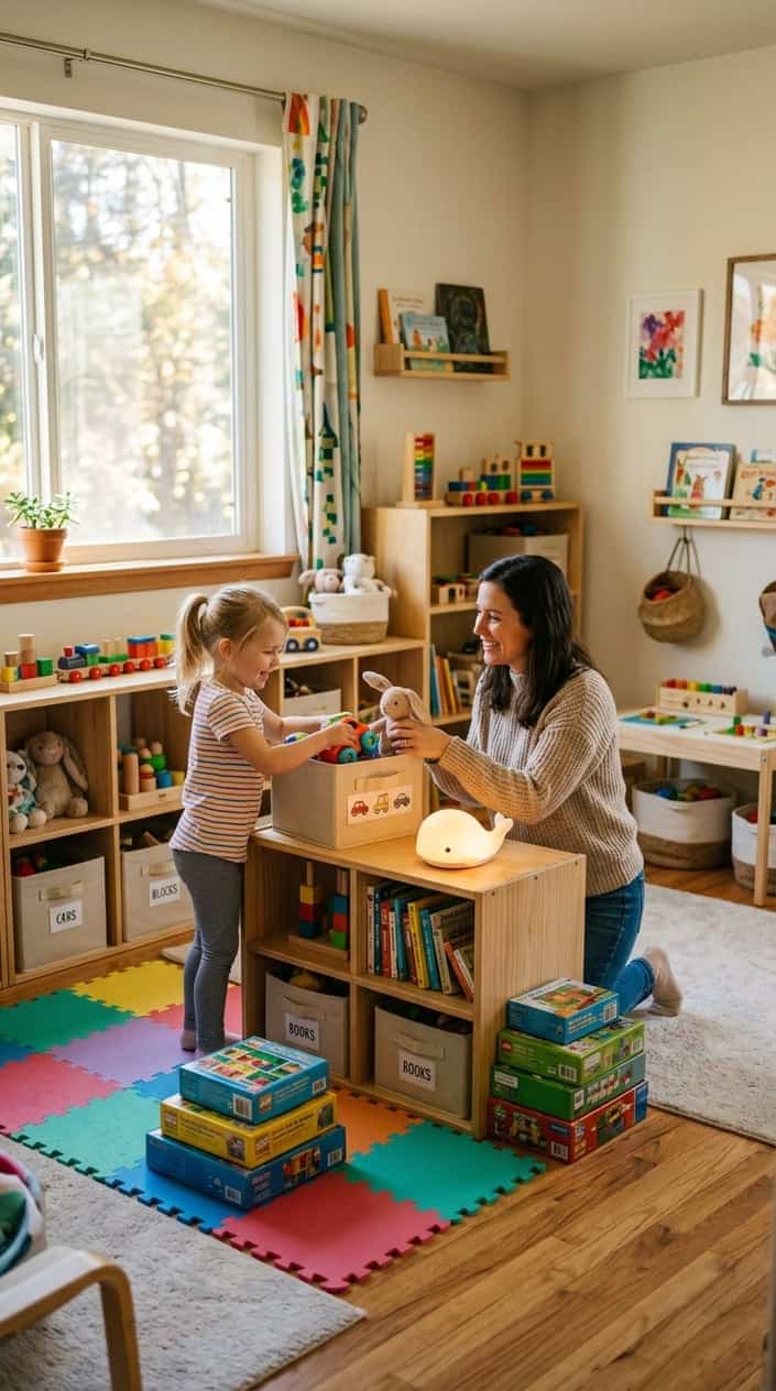 A young child and a parent picking up toys in a warm, softly lit playroom, with a small glowing cordless LED nightlight sitting on a low shelf beside organized toy bins.