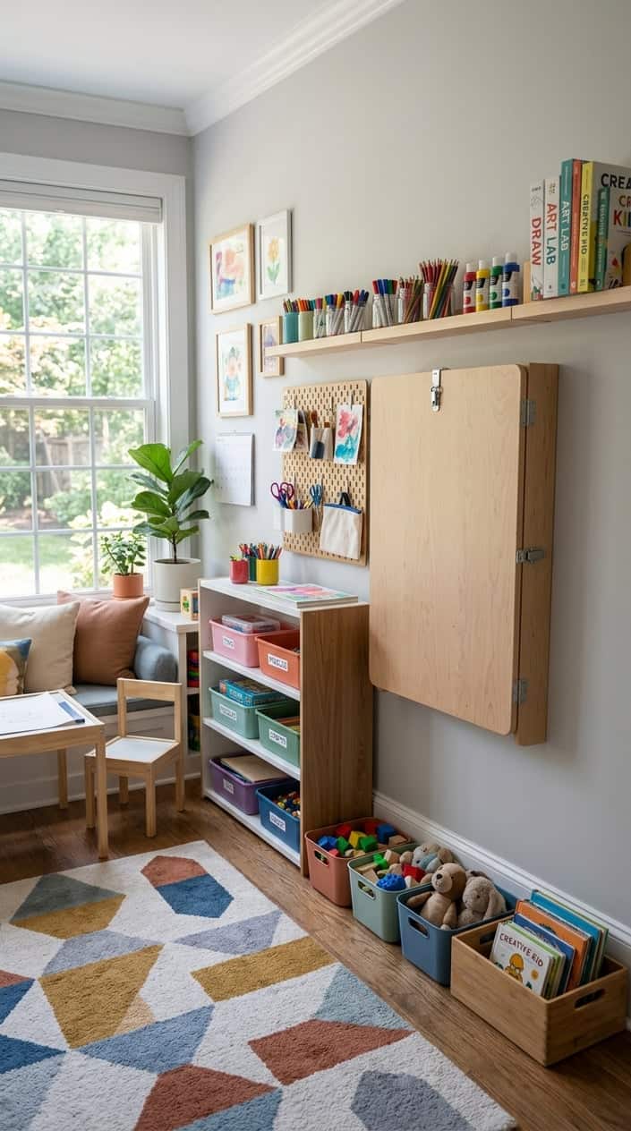 A wall-mounted fold-down craft table folded flat against a light gray wall in a playroom, with colorful storage bins on shelves to the left and a kids' chair tucked underneath.