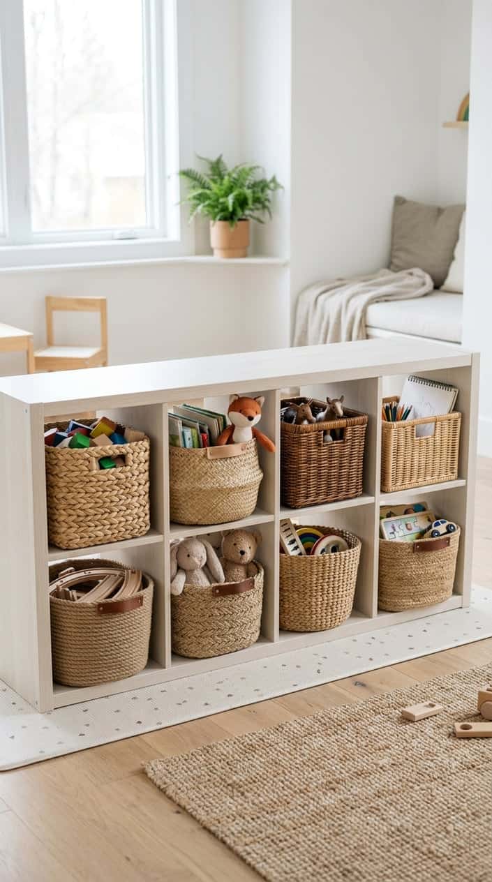 A low IKEA Kallax shelving unit in white with natural seagrass woven baskets in each cubby, sitting against a light wall in a bright playroom.