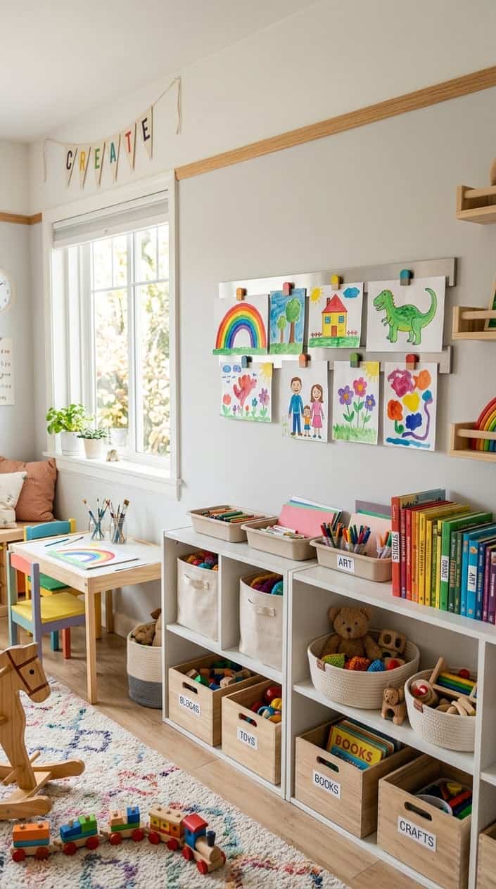 A long metal magnetic strip mounted on a playroom wall displaying several pieces of colorful children's artwork held up with small round magnets, with storage shelves visible below.