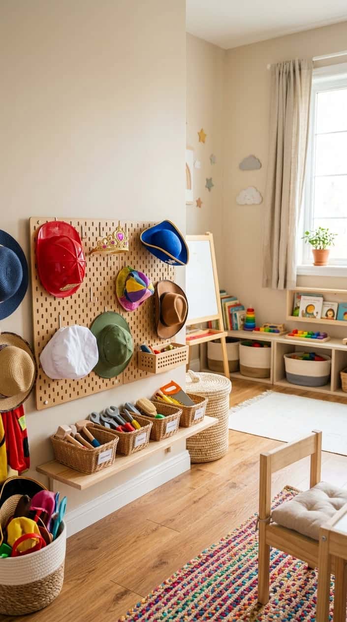 A painted pegboard mounted low on a playroom wall with wide metal hooks holding dress-up hats, wands, a toy hammer, and a play stethoscope, with a low wooden shelf below it.
